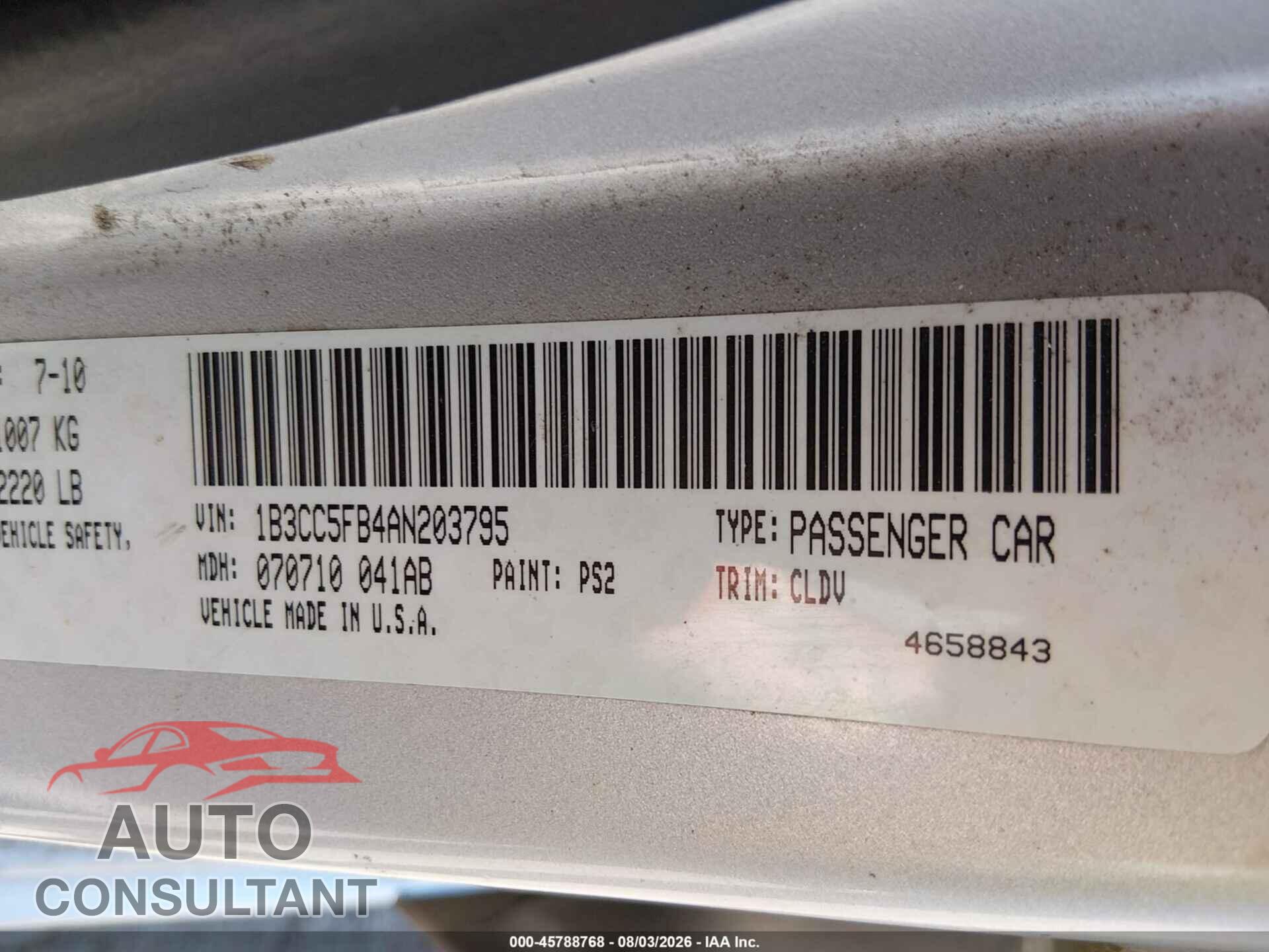 DODGE AVENGER 2010 - 1B3CC5FB4AN203795