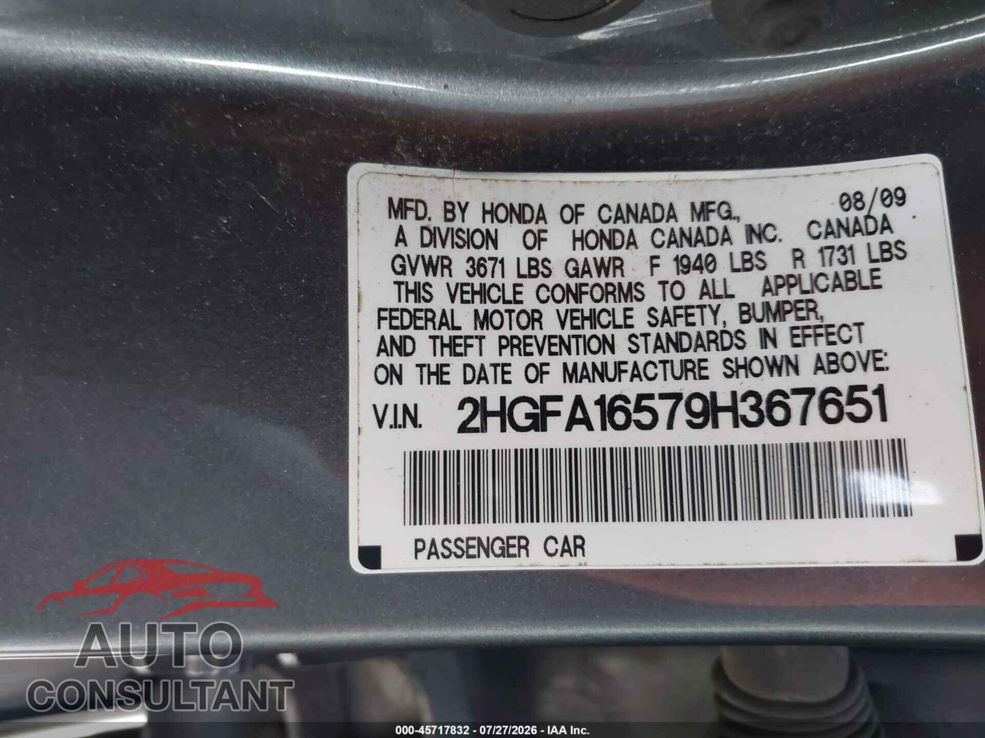 HONDA CIVIC 2009 - 2HGFA16579H367651