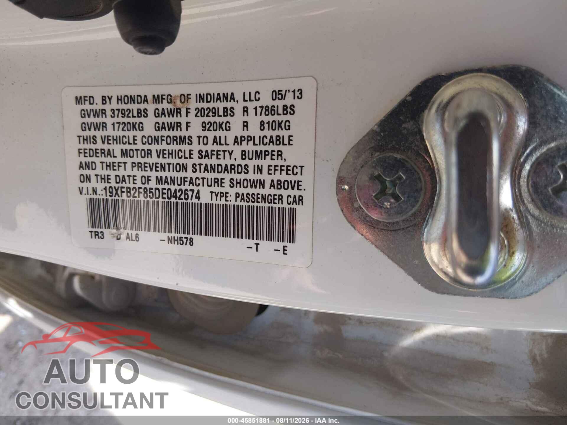 HONDA CIVIC 2013 - 19XFB2F85DE042674
