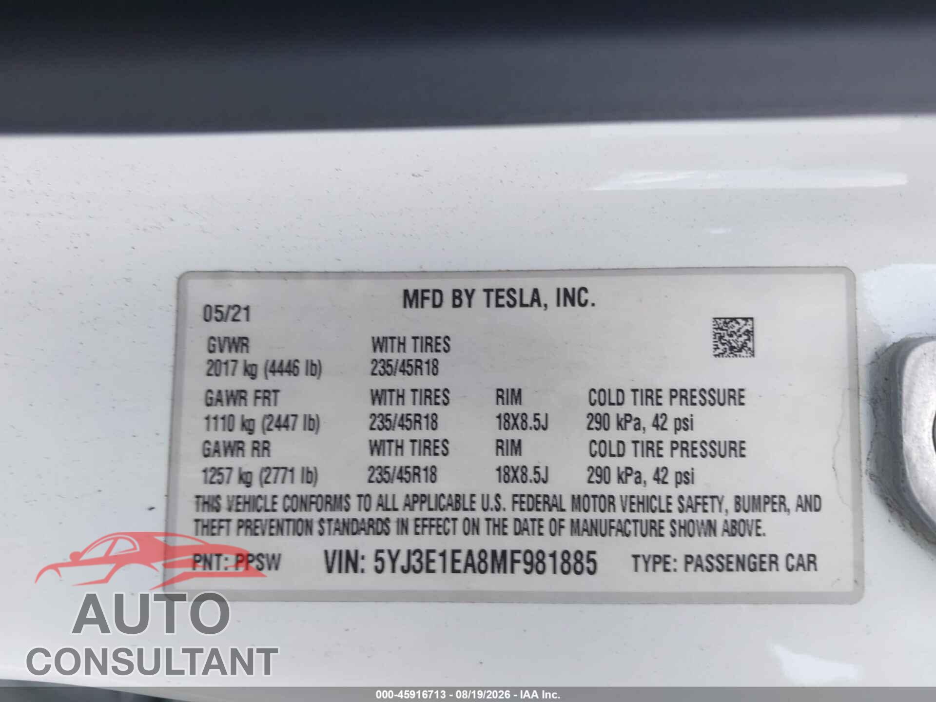 TESLA MODEL 3 2021 - 5YJ3E1EA8MF981885