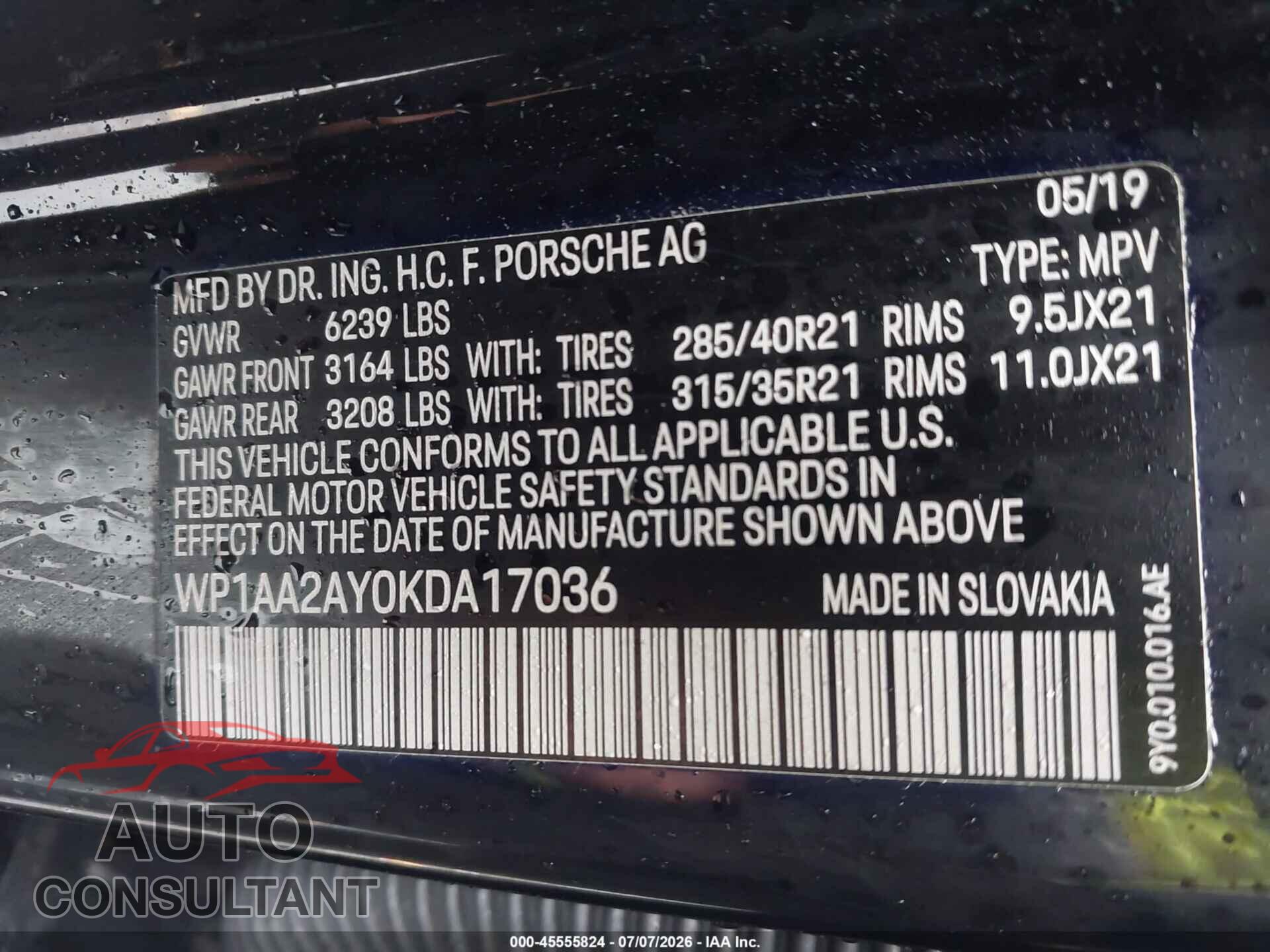 PORSCHE CAYENNE 2019 - WP1AA2AY0KDA17036