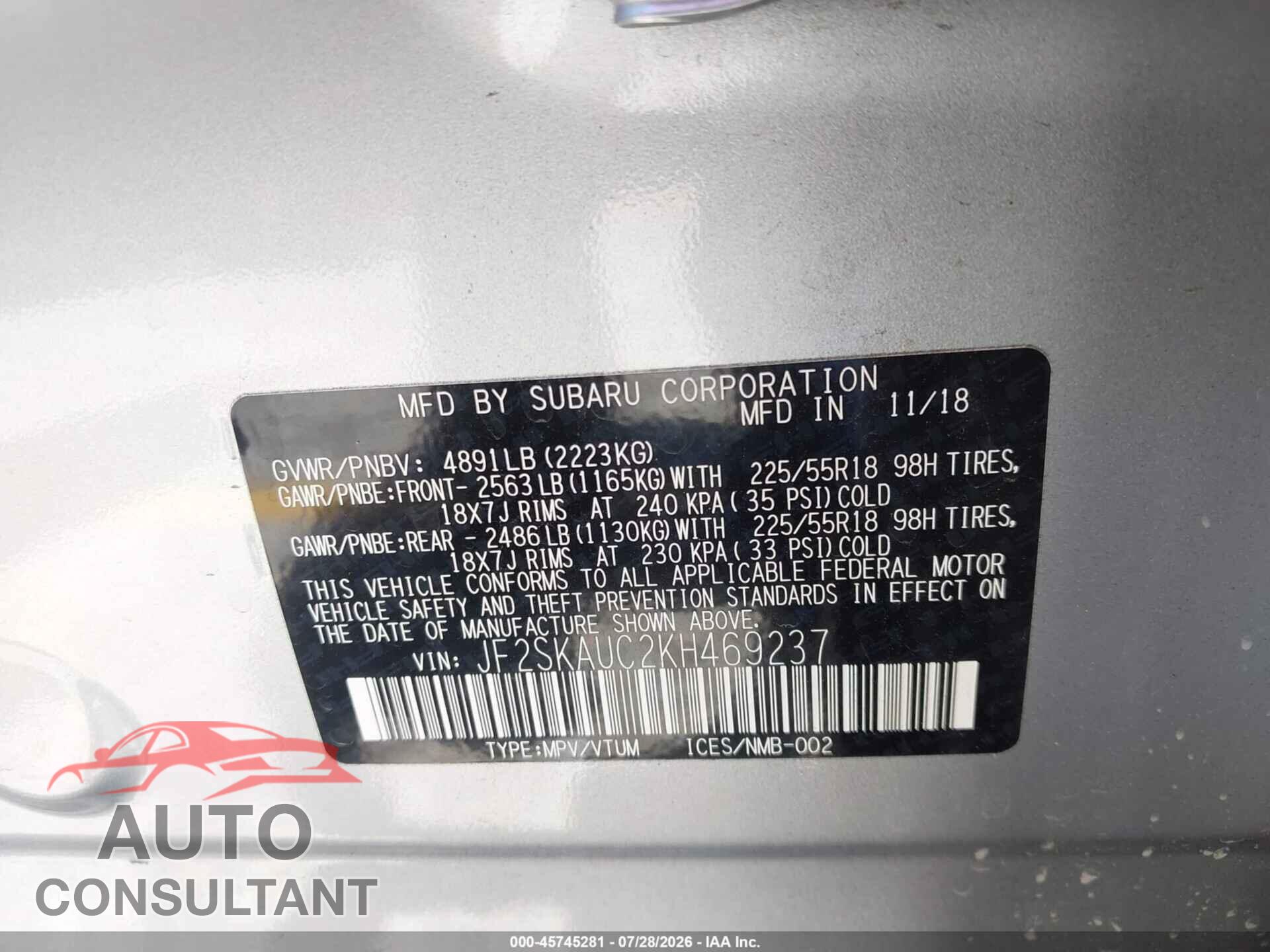 SUBARU FORESTER 2019 - JF2SKAUC2KH469237