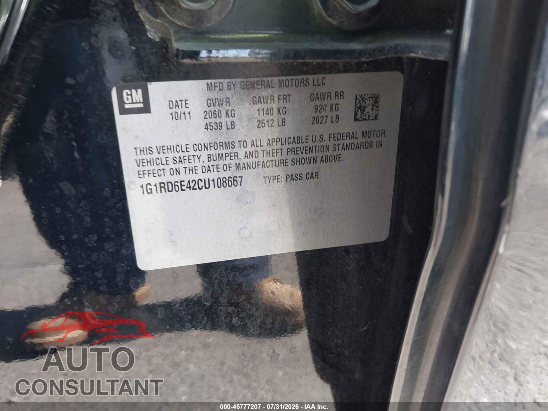 CHEVROLET VOLT 2012 - 1G1RD6E42CU108667
