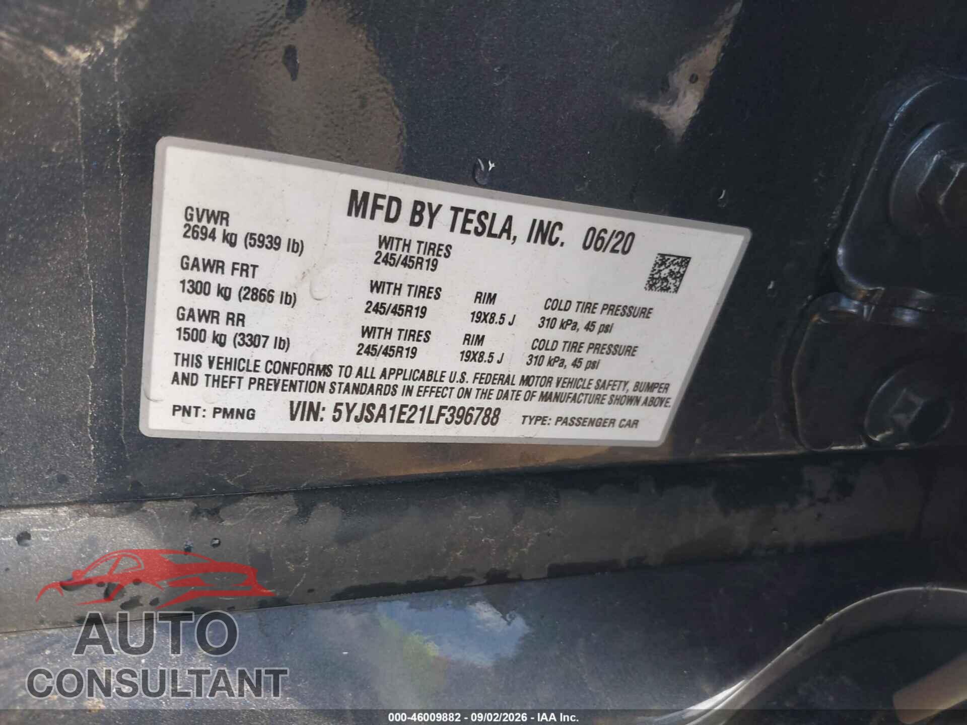 TESLA MODEL S 2020 - 5YJSA1E21LF396788