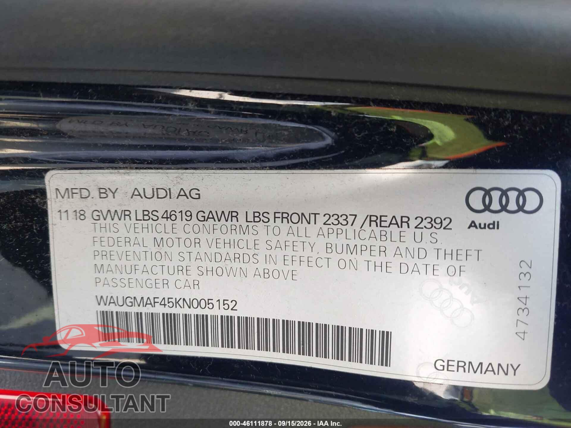 AUDI A4 2019 - WAUGMAF45KN005152