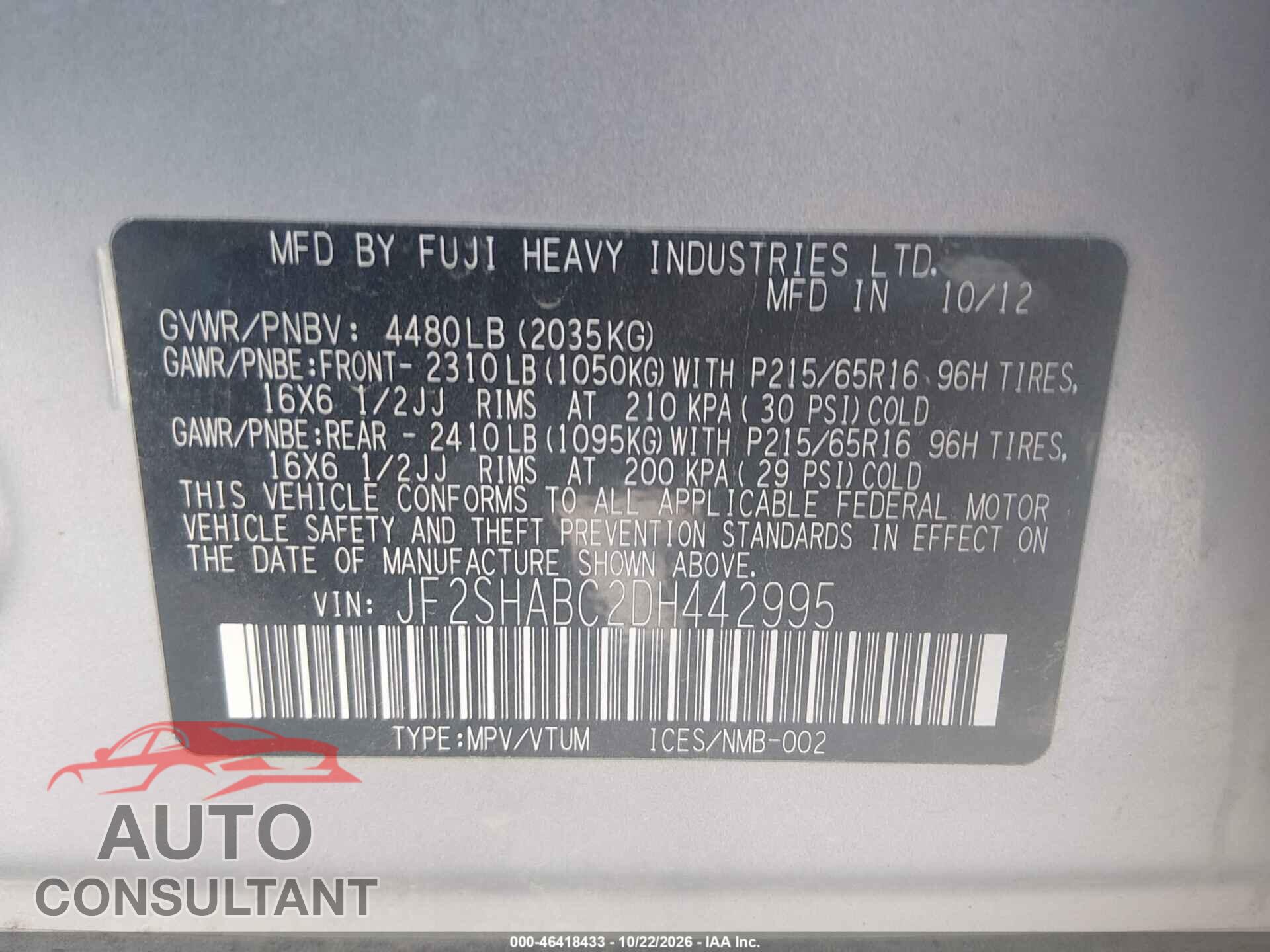 SUBARU FORESTER 2013 - JF2SHABC2DH442995