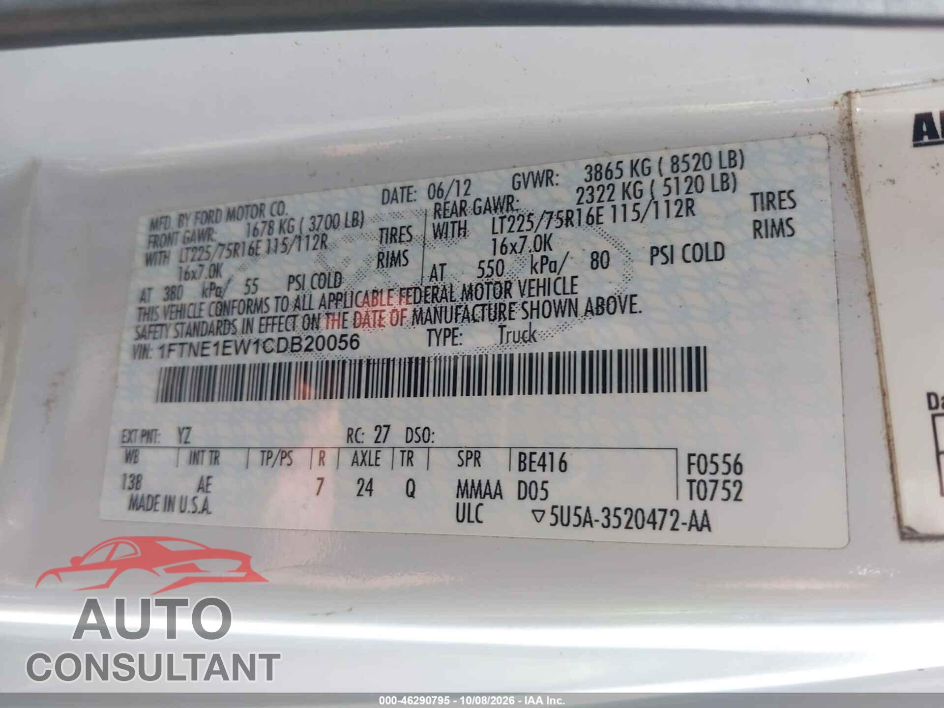 FORD E-150 2012 - 1FTNE1EW1CDB20056