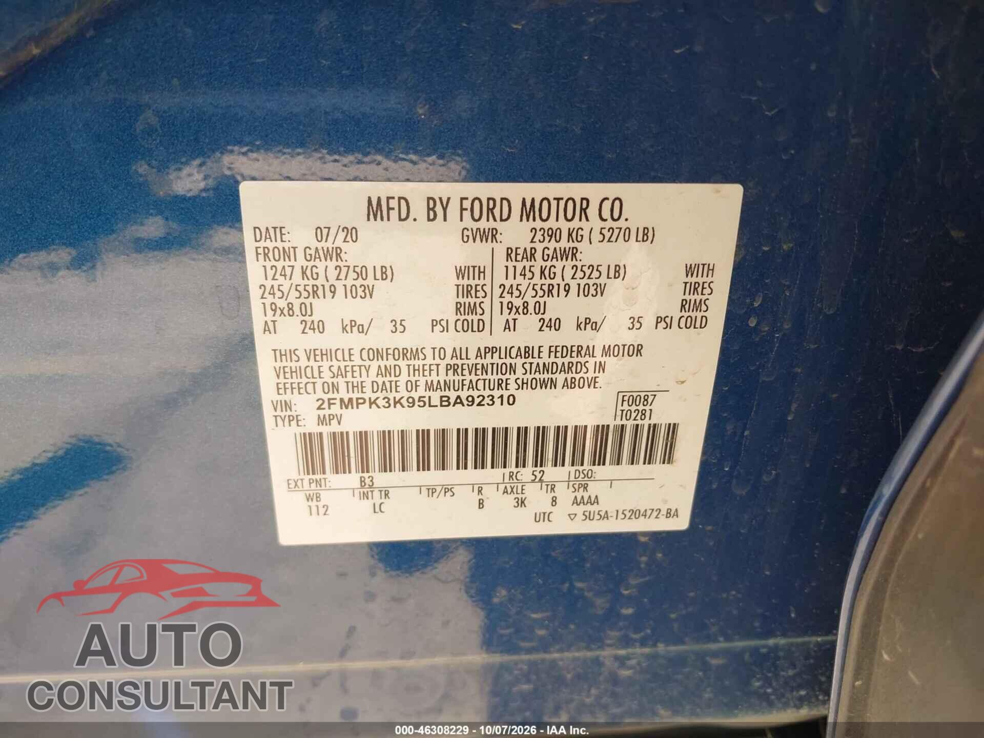 FORD EDGE 2020 - 2FMPK3K95LBA92310
