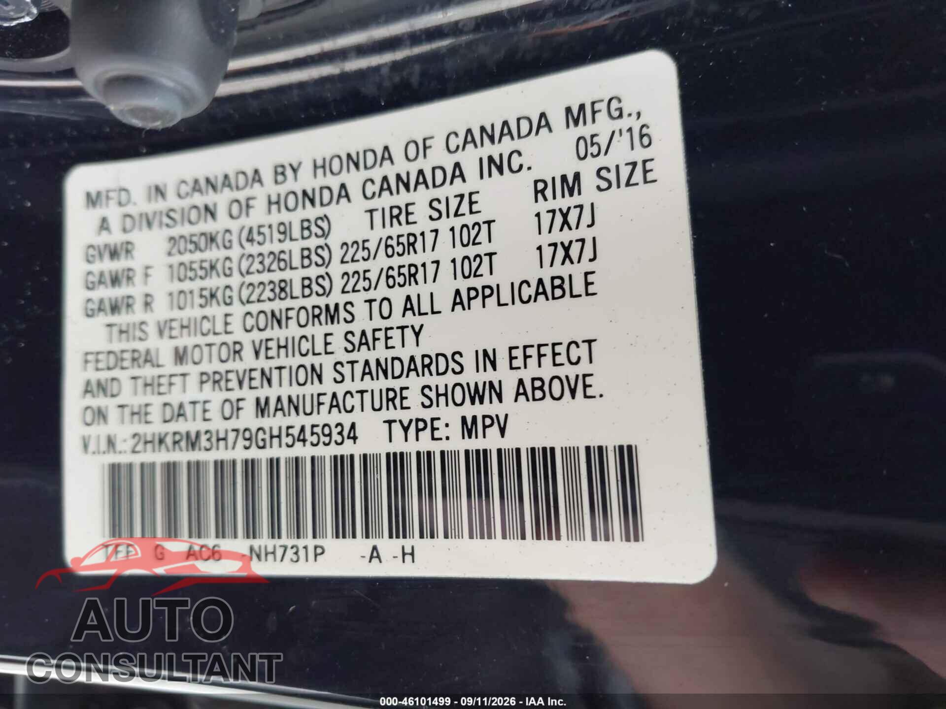 HONDA CR-V 2016 - 2HKRM3H79GH545934