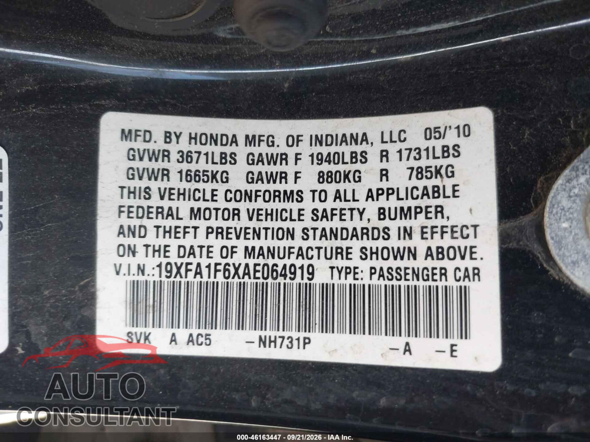 HONDA CIVIC 2010 - 19XFA1F6XAE064919