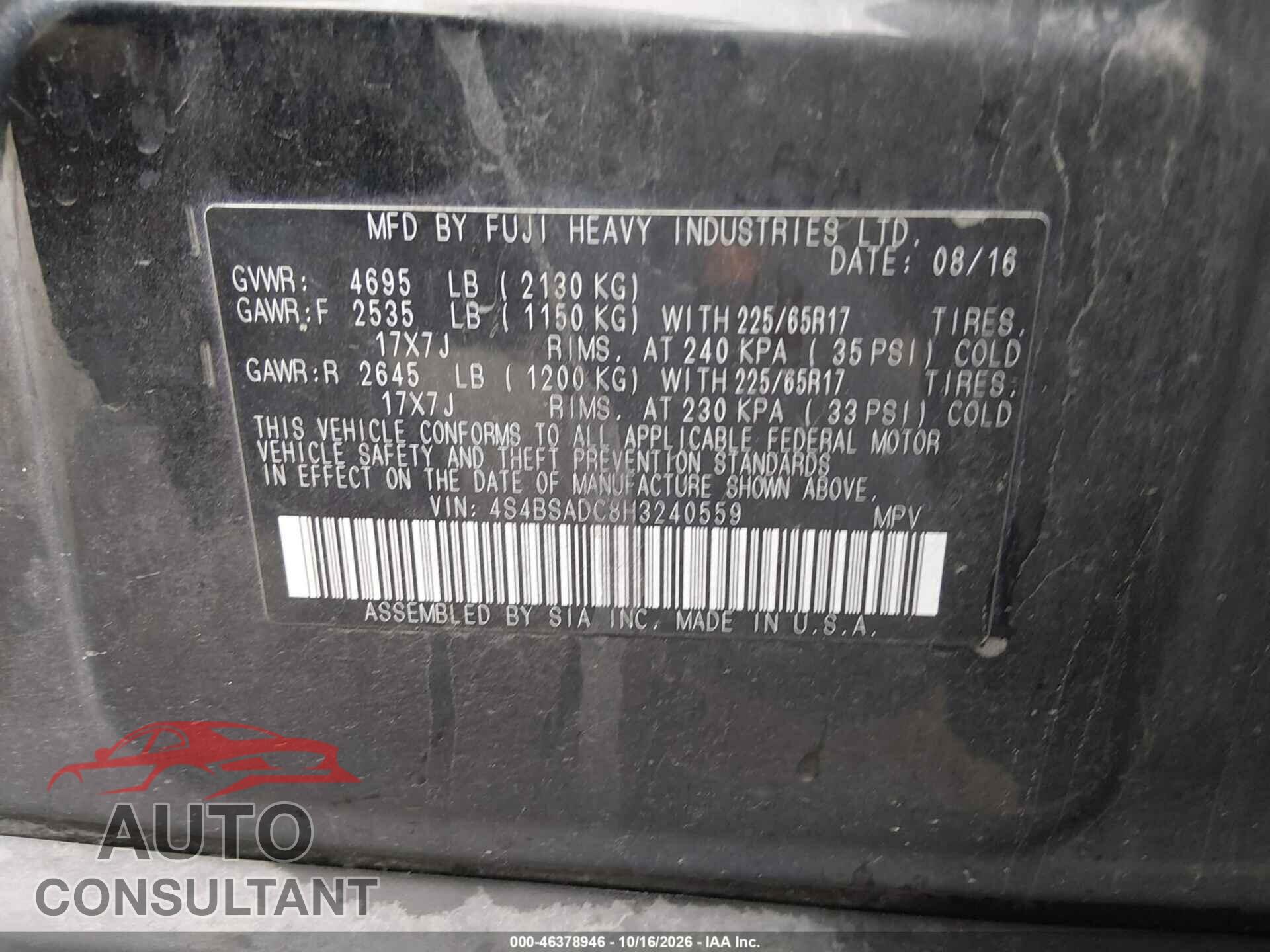 SUBARU OUTBACK 2017 - 4S4BSADC8H3240559