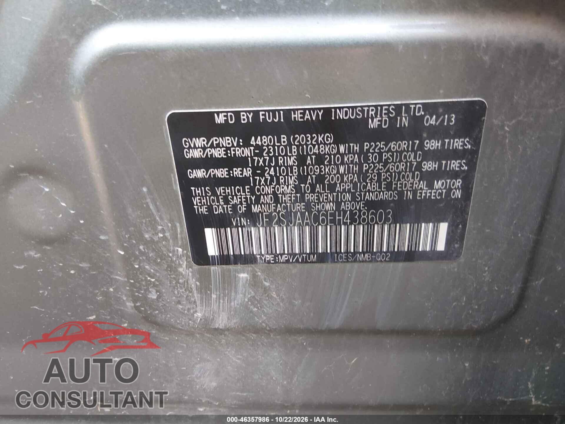 SUBARU FORESTER 2014 - JF2SJAAC6EH438603