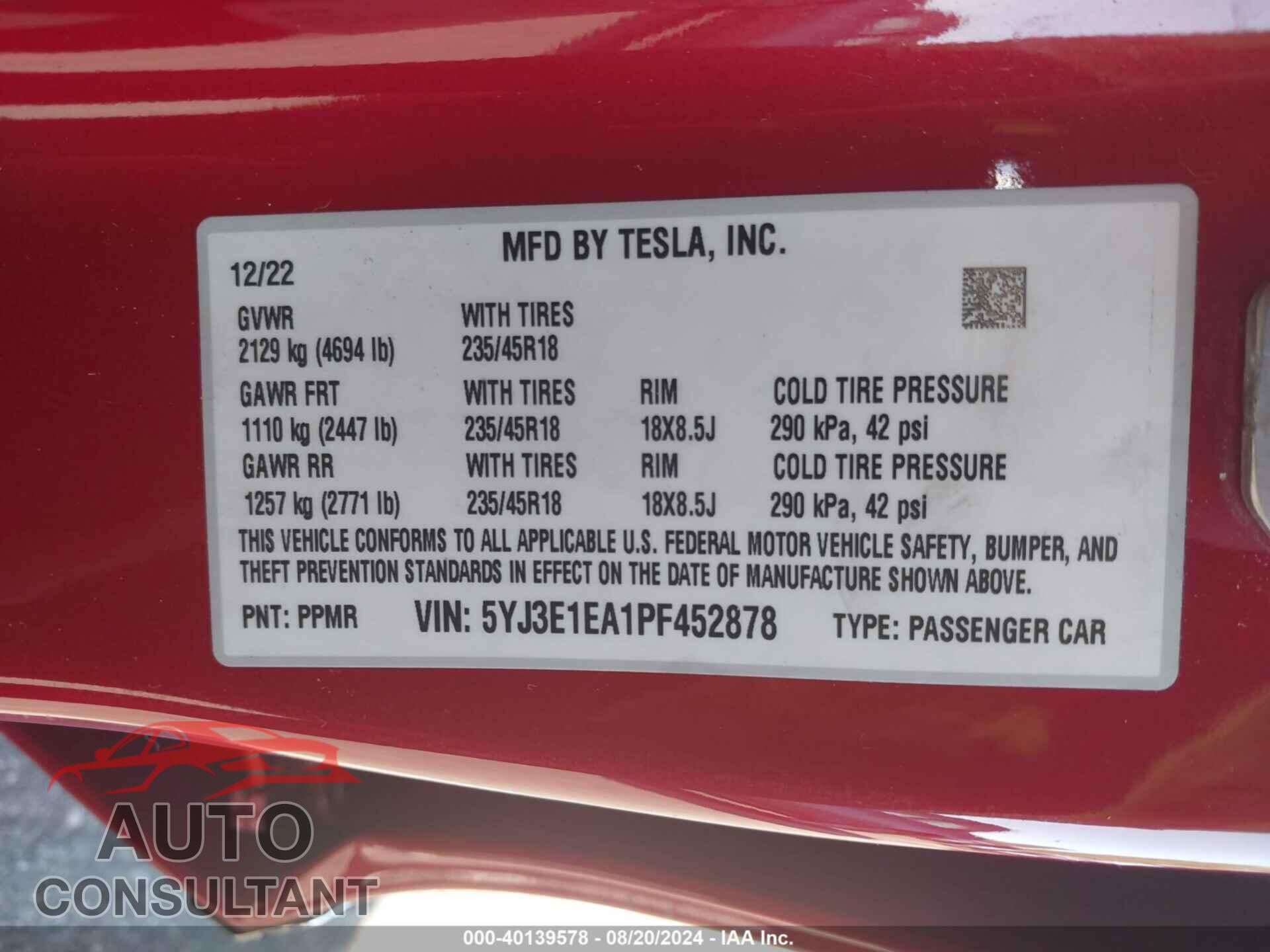 TESLA MODEL 3 2023 - 5YJ3E1EA1PF452878