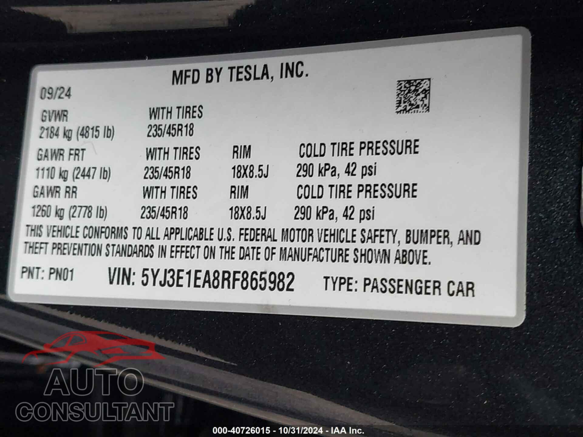 TESLA MODEL 3 2024 - 5YJ3E1EA8RF865982
