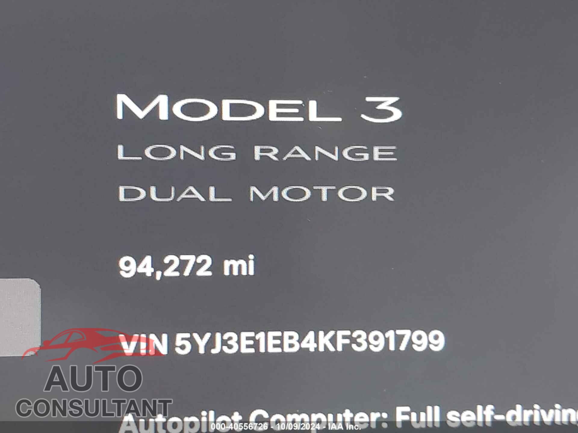TESLA MODEL 3 2019 - 5YJ3E1EB4KF391799