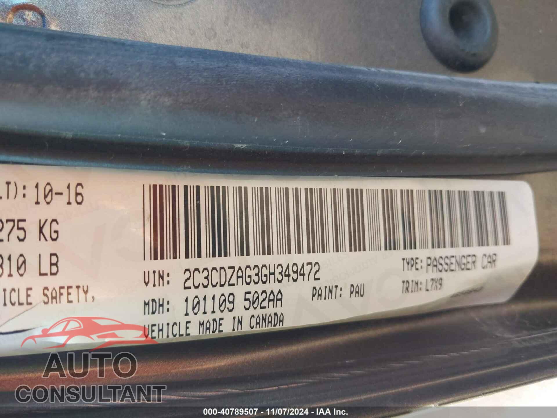 DODGE CHALLENGER 2016 - 2C3CDZAG3GH349472
