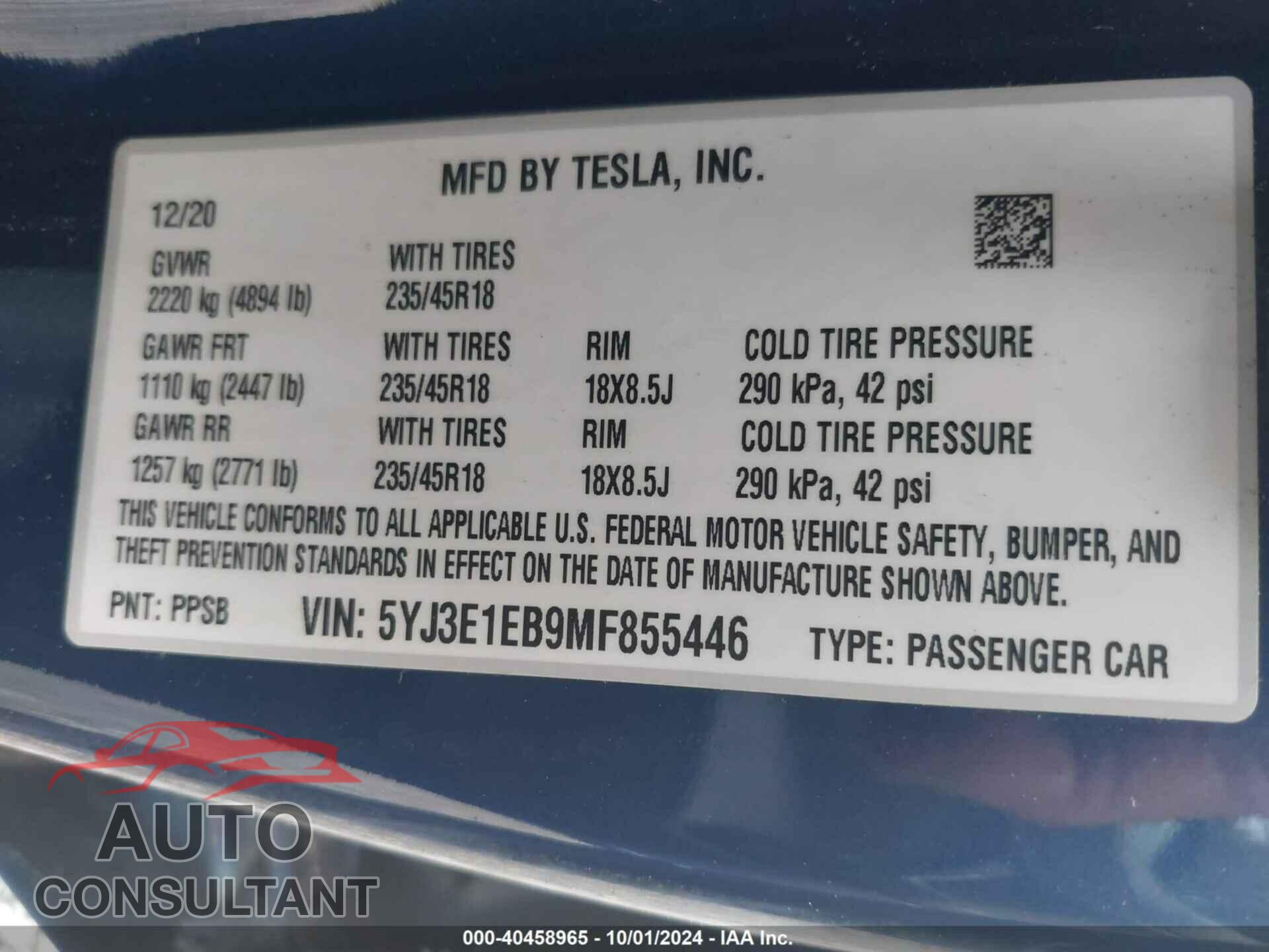 TESLA MODEL 3 2021 - 5YJ3E1EB9MF855446