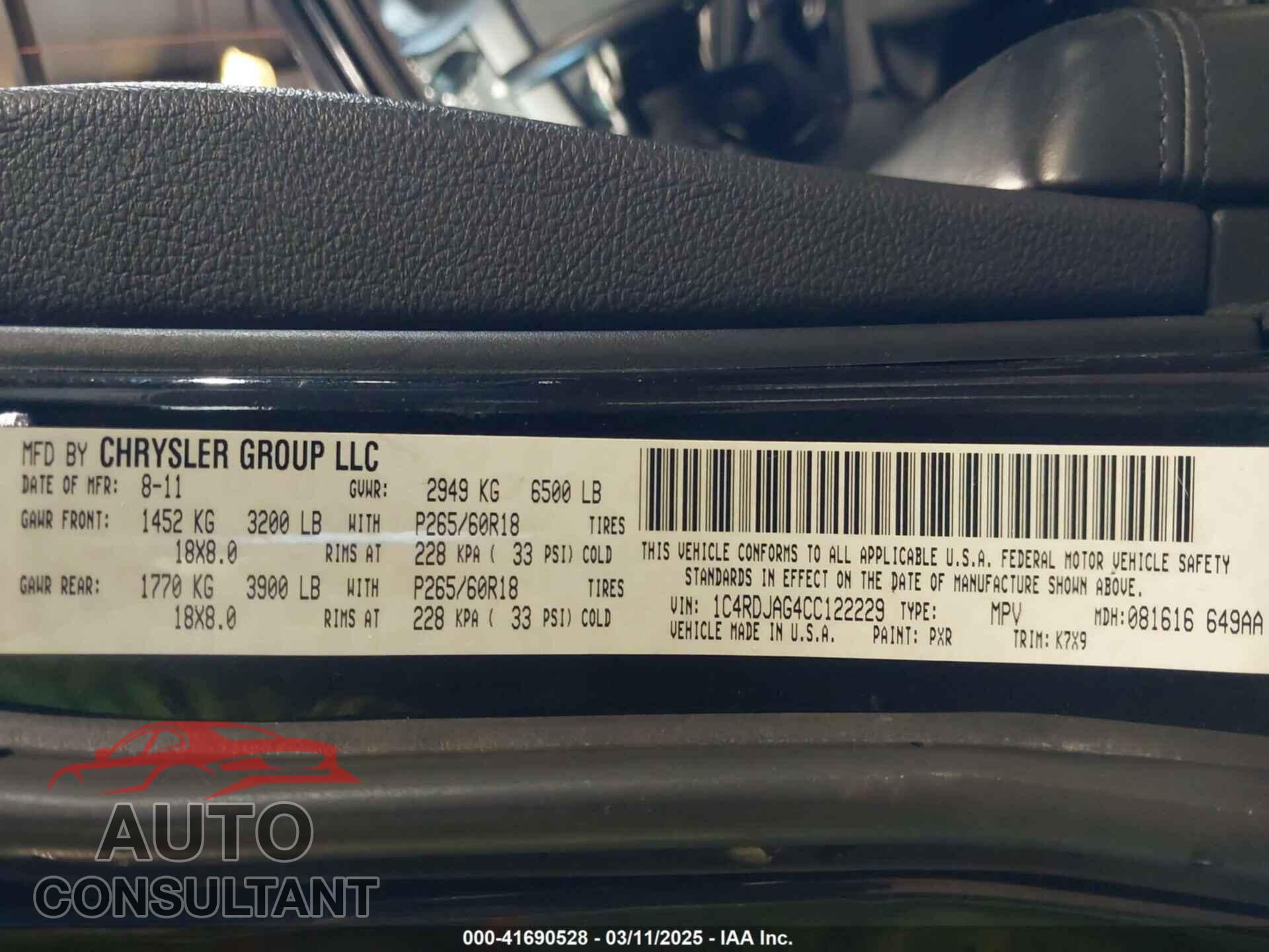 DODGE DURANGO 2012 - 1C4RDJAG4CC122229