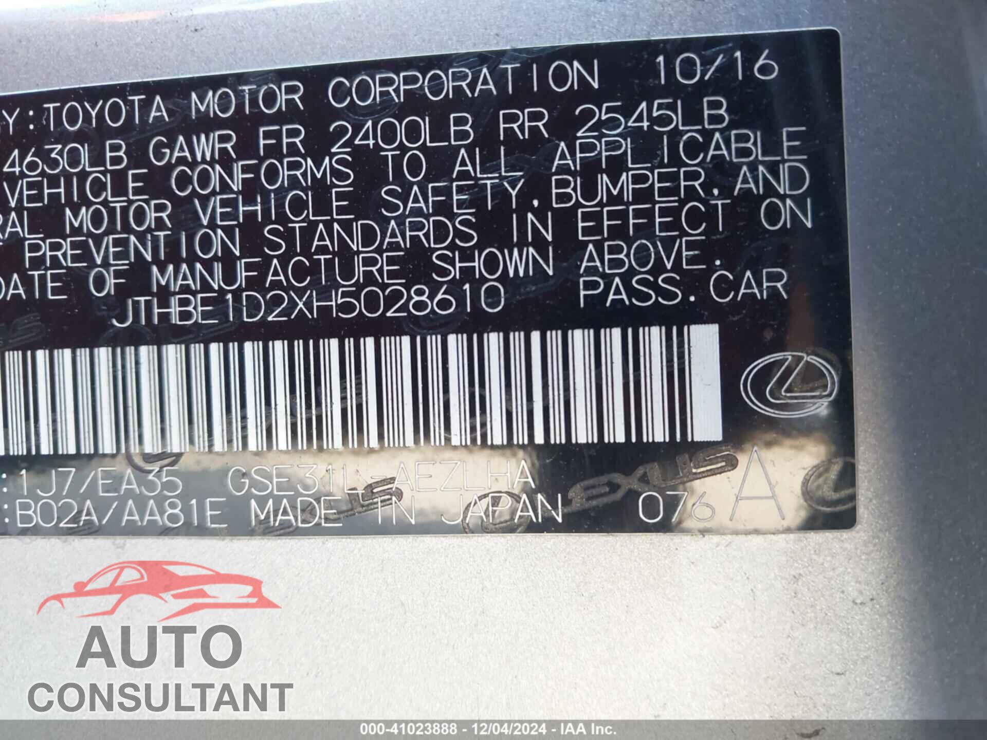 LEXUS IS 350 2017 - JTHBE1D2XH5028610