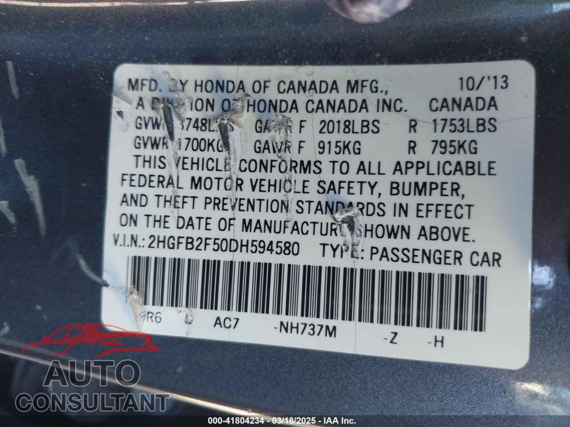 HONDA CIVIC 2013 - 2HGFB2F50DH594580