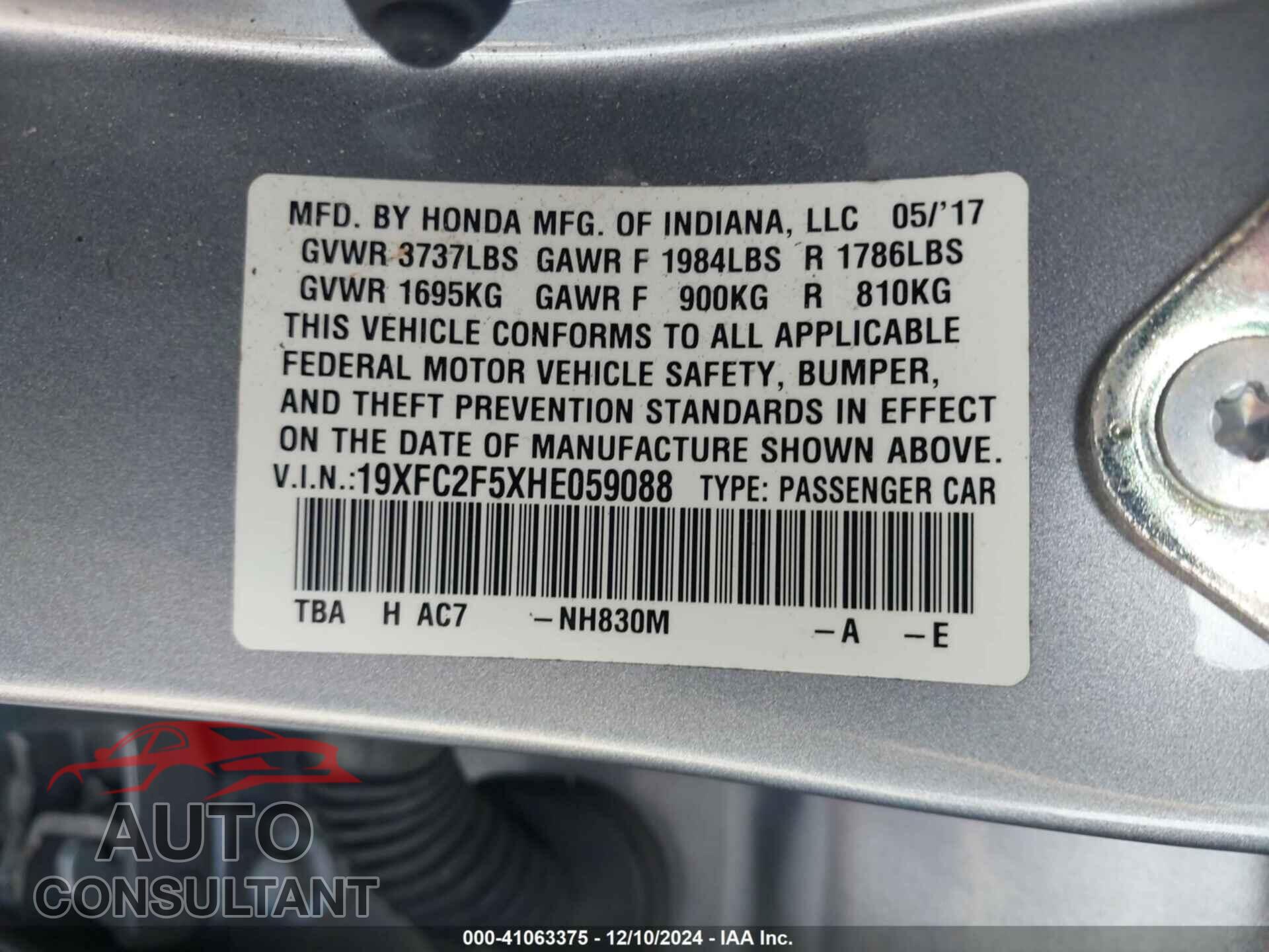 HONDA CIVIC 2017 - 19XFC2F5XHE059088
