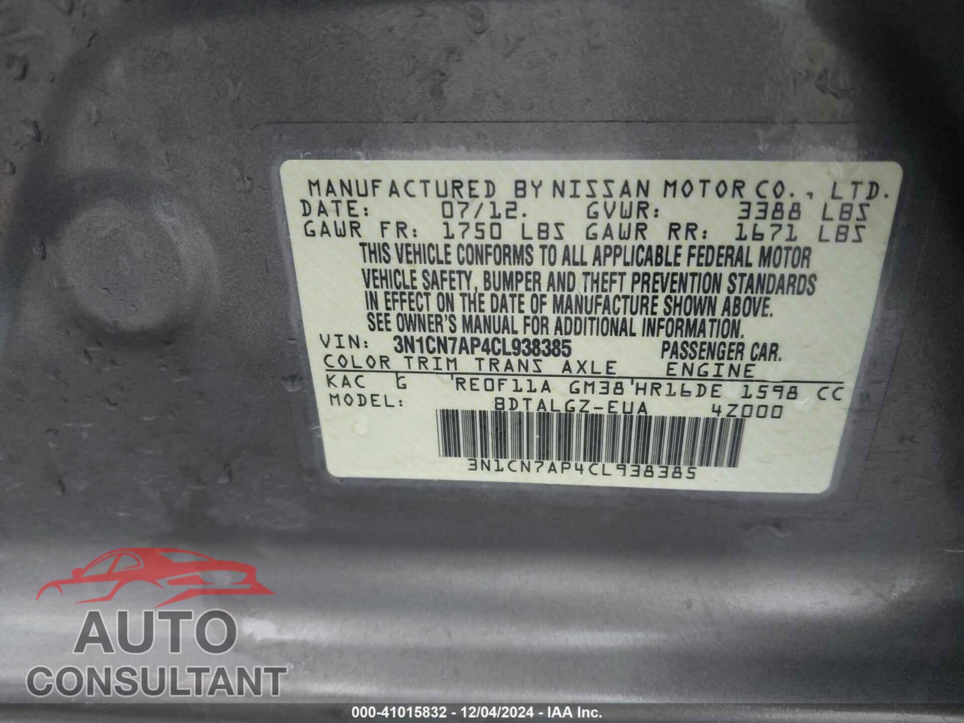 NISSAN VERSA 2012 - 3N1CN7AP4CL938385
