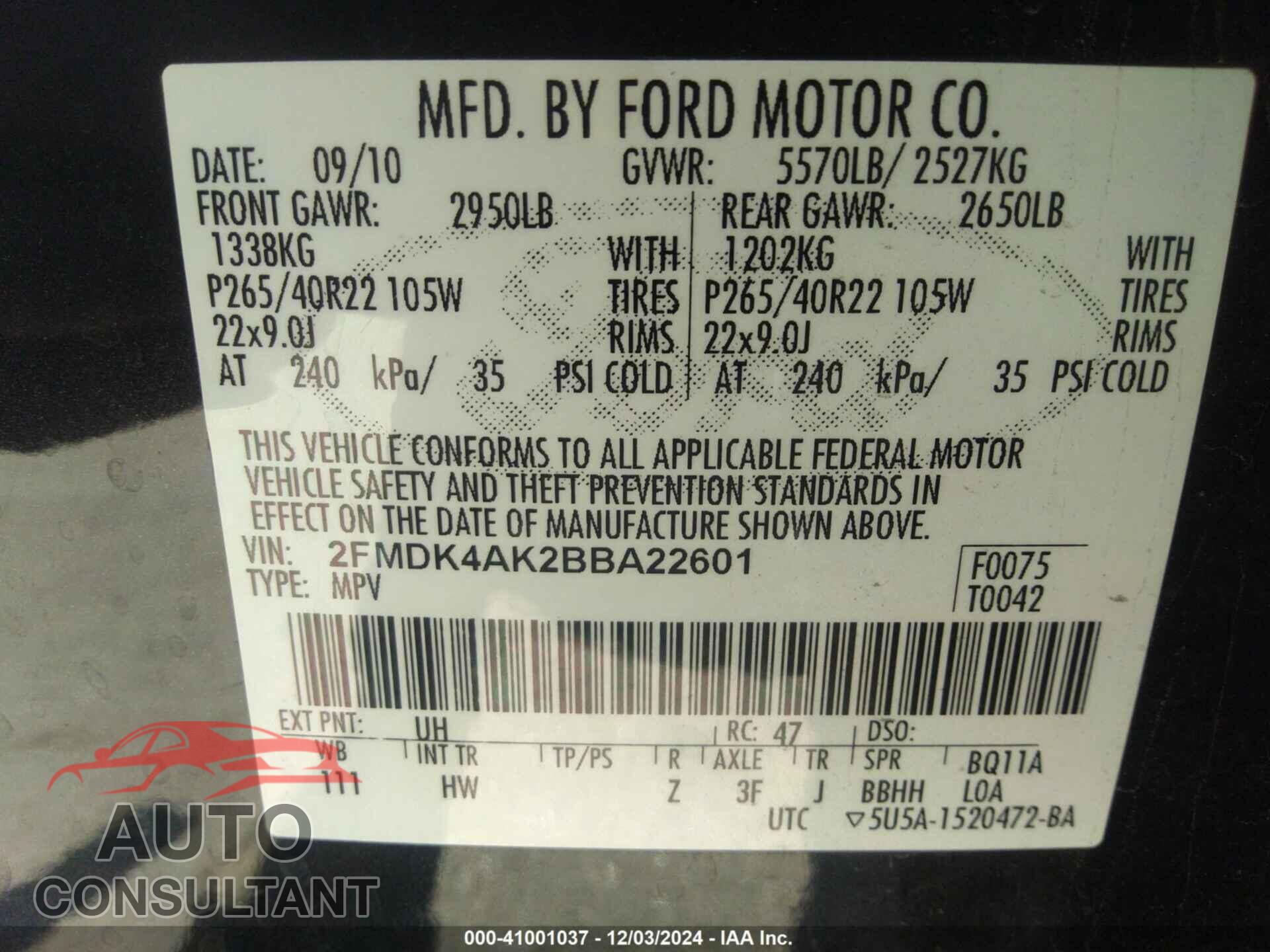 FORD EDGE 2011 - 2FMDK4AK2BBA22601
