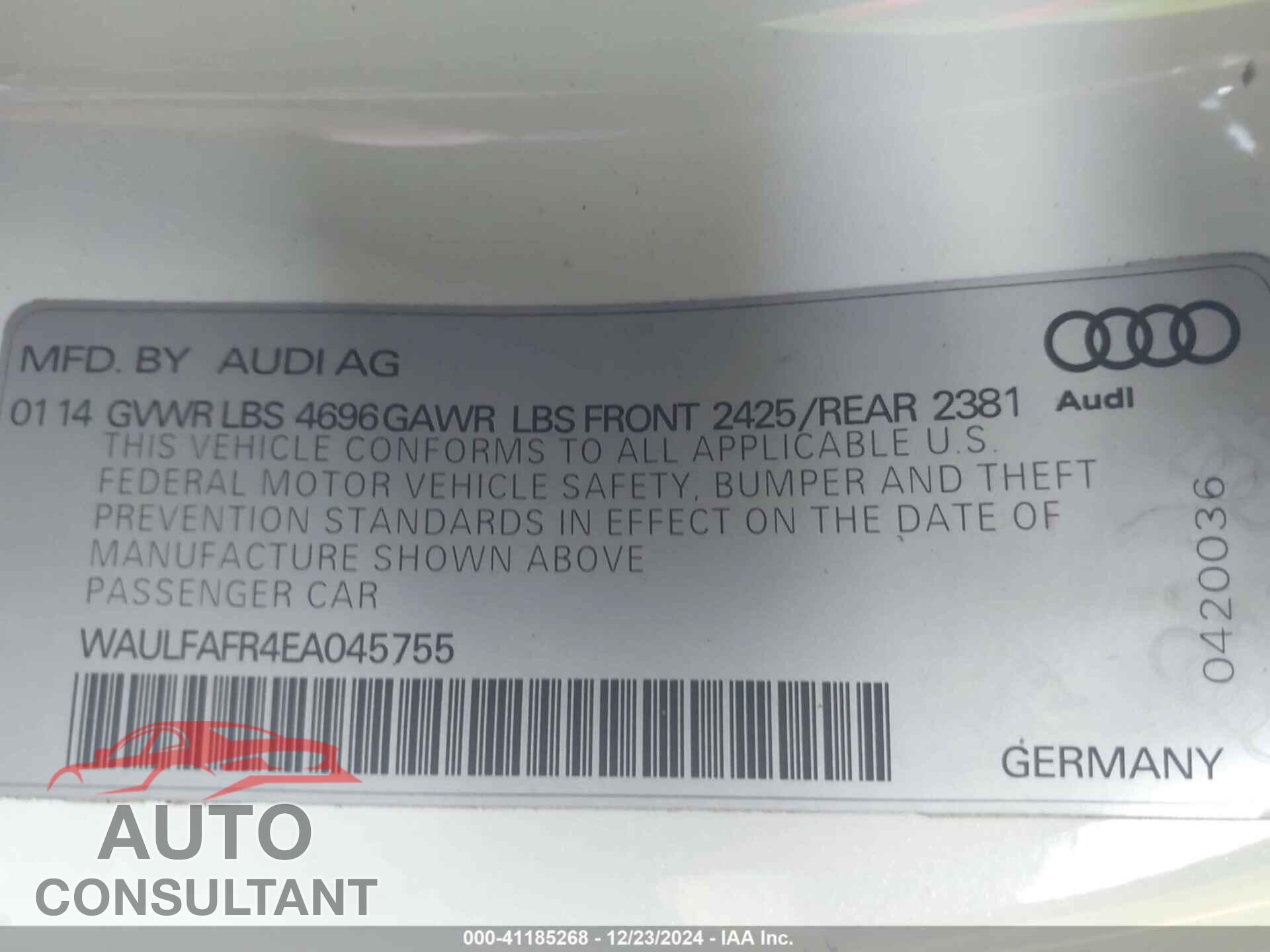 AUDI A5 2014 - WAULFAFR4EA045755