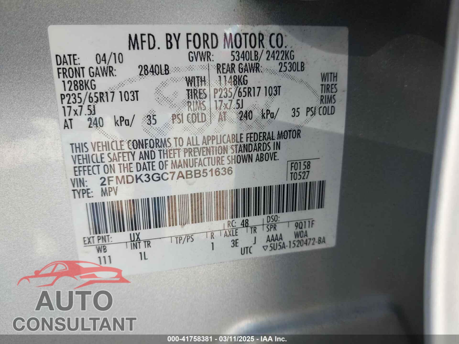 FORD EDGE 2010 - 2FMDK3GC7ABB51636