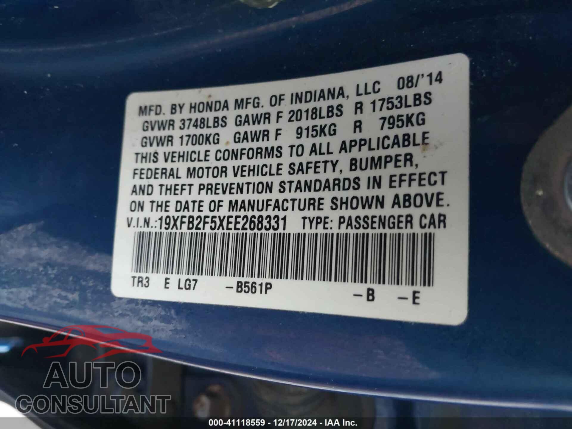 HONDA CIVIC 2014 - 19XFB2F5XEE268331