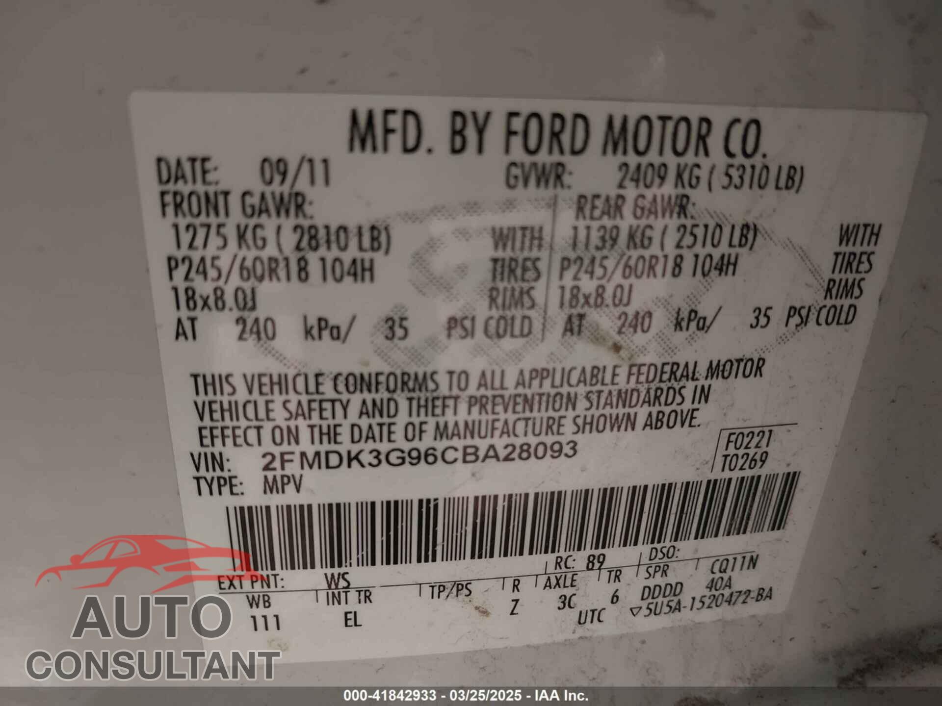 FORD EDGE 2012 - 2FMDK3G96CBA28093