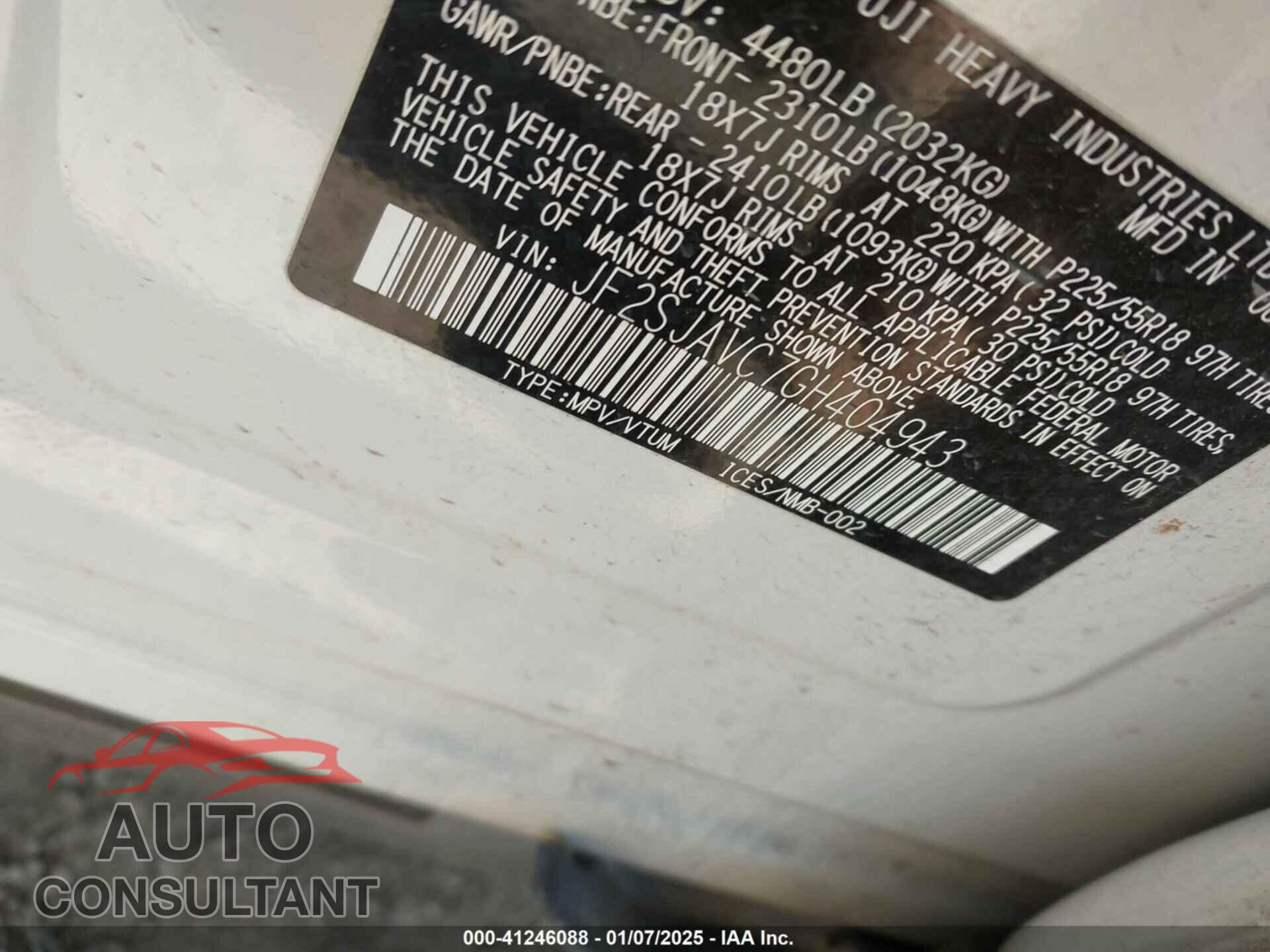 SUBARU FORESTER 2016 - JF2SJAVC7GH404943