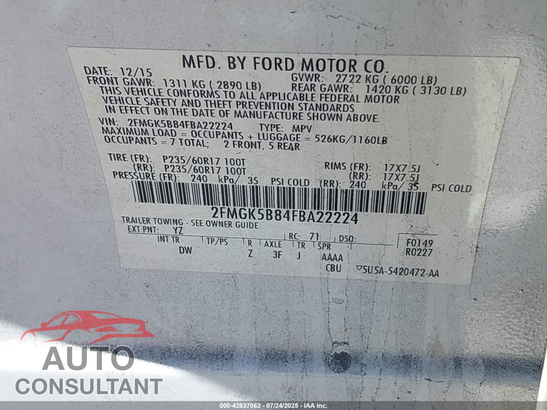 FORD FLEX 2015 - 2FMGK5B84FBA22224