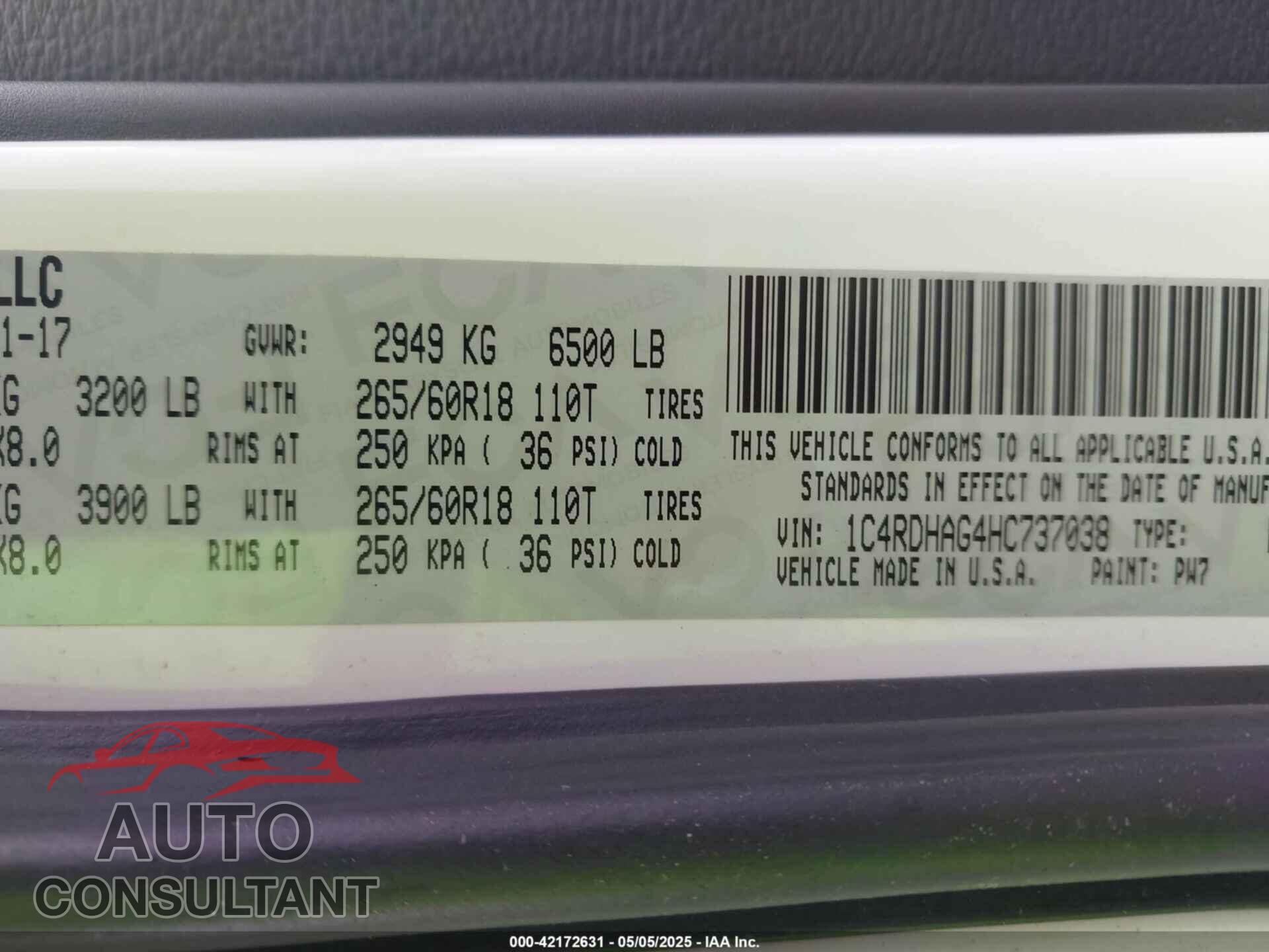 DODGE DURANGO 2017 - 1C4RDHAG4HC737038