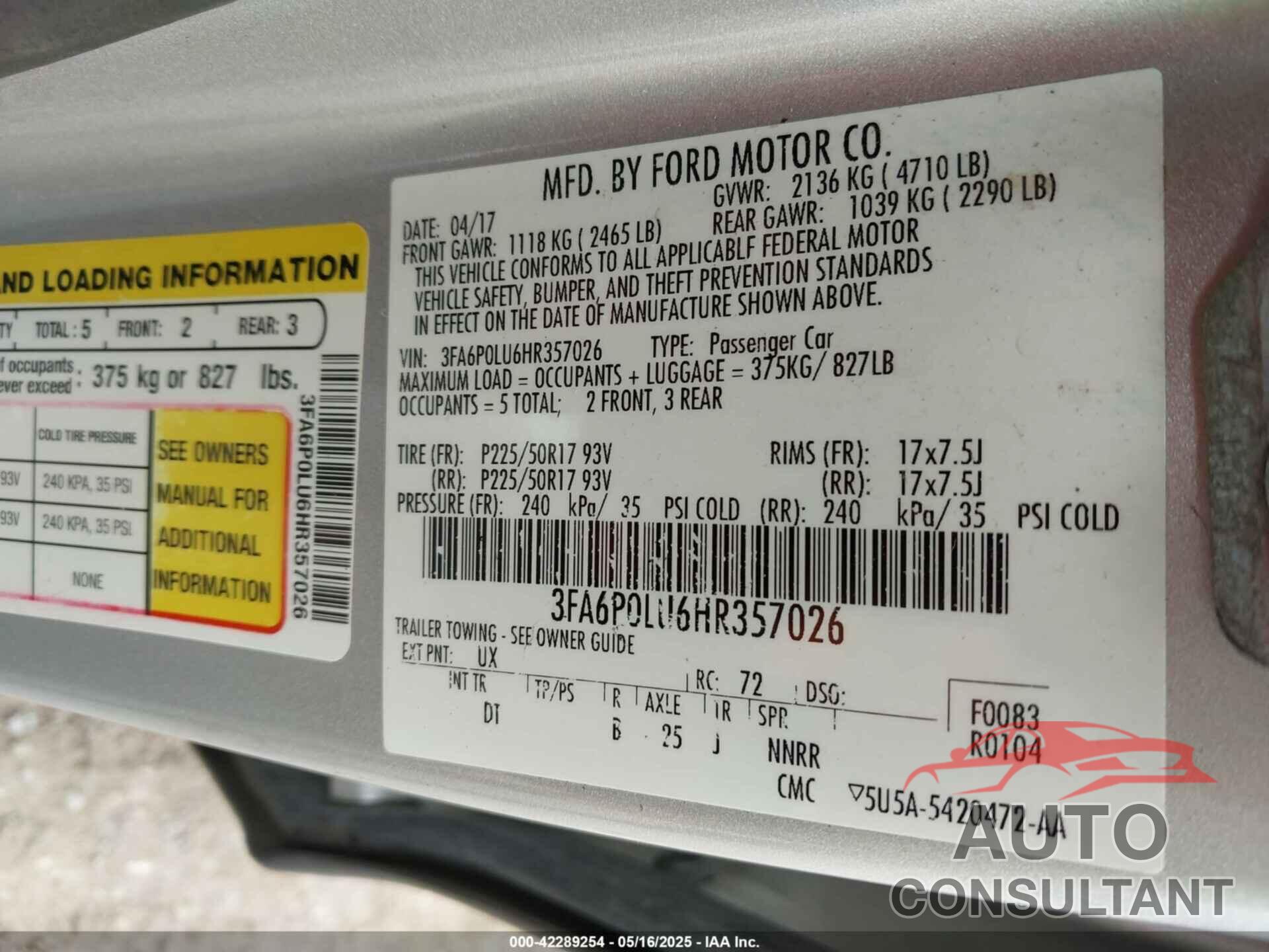 FORD FUSION HYBRID 2017 - 3FA6P0LU6HR357026