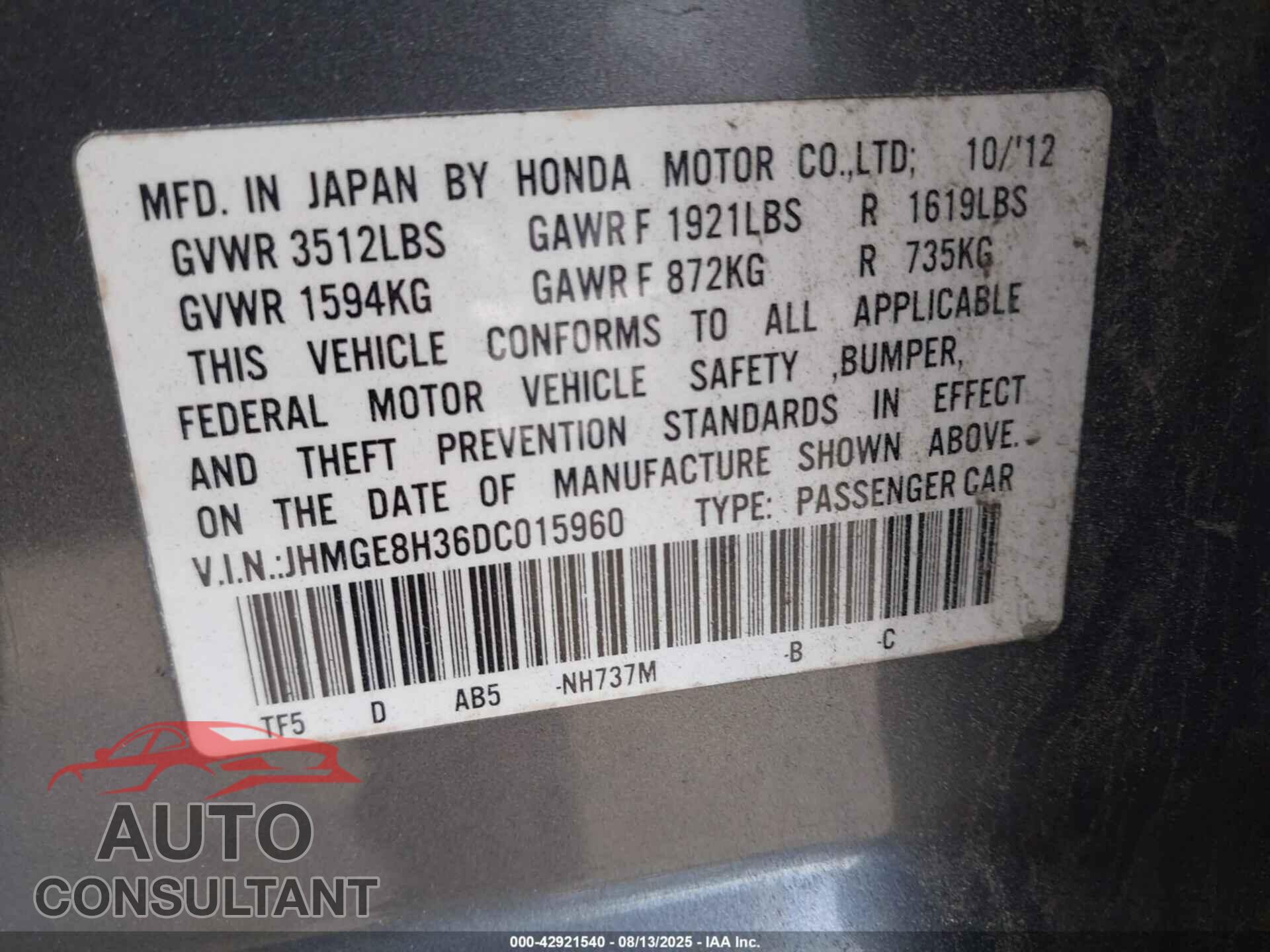 HONDA FIT 2013 - JHMGE8H36DC015960