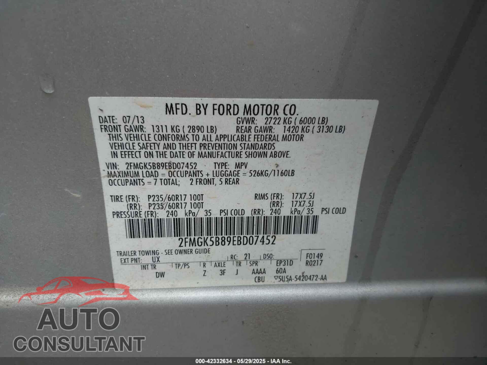 FORD FLEX 2014 - 2FMGK5B89EBD07452