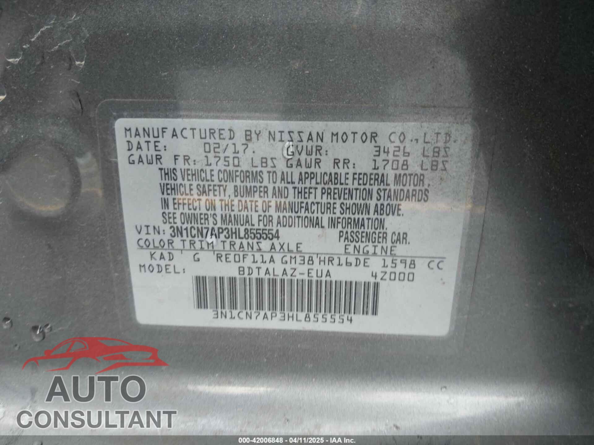 NISSAN VERSA 2017 - 3N1CN7AP3HL855554