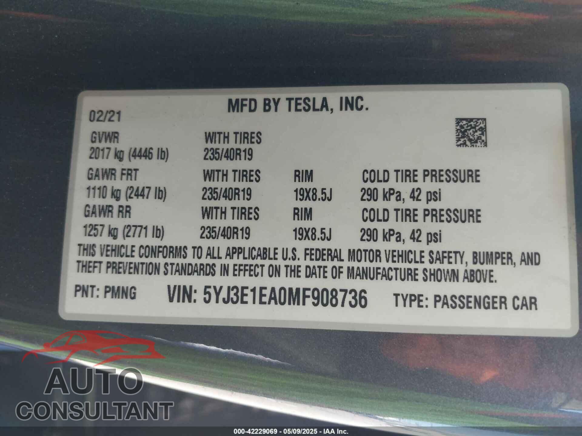 TESLA MODEL 3 2021 - 5YJ3E1EA0MF908736