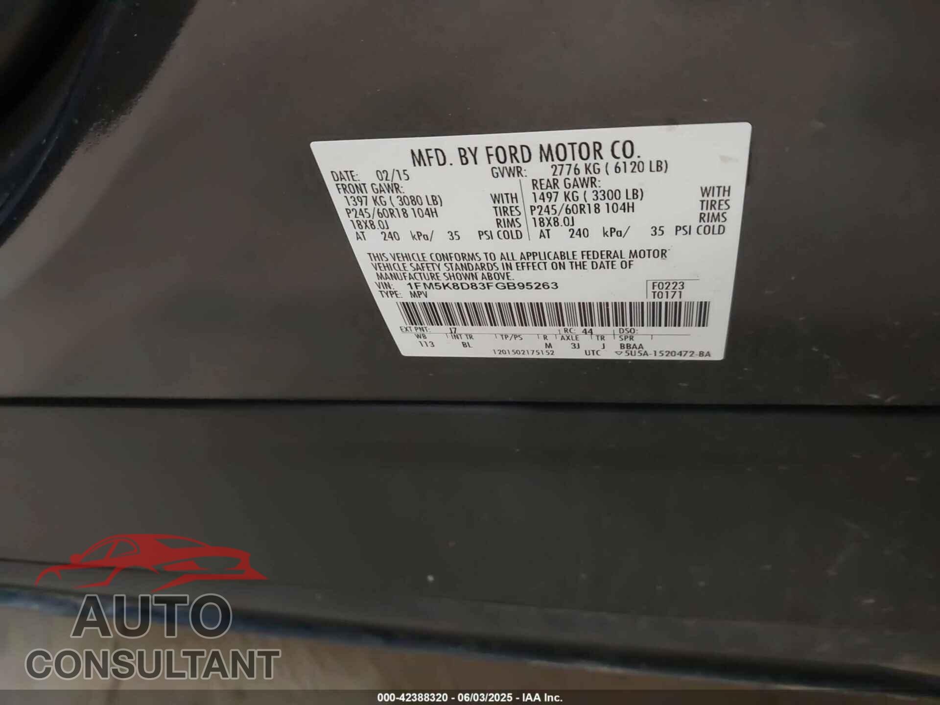 FORD EXPLORER 2015 - 1FM5K8D83FGB95263