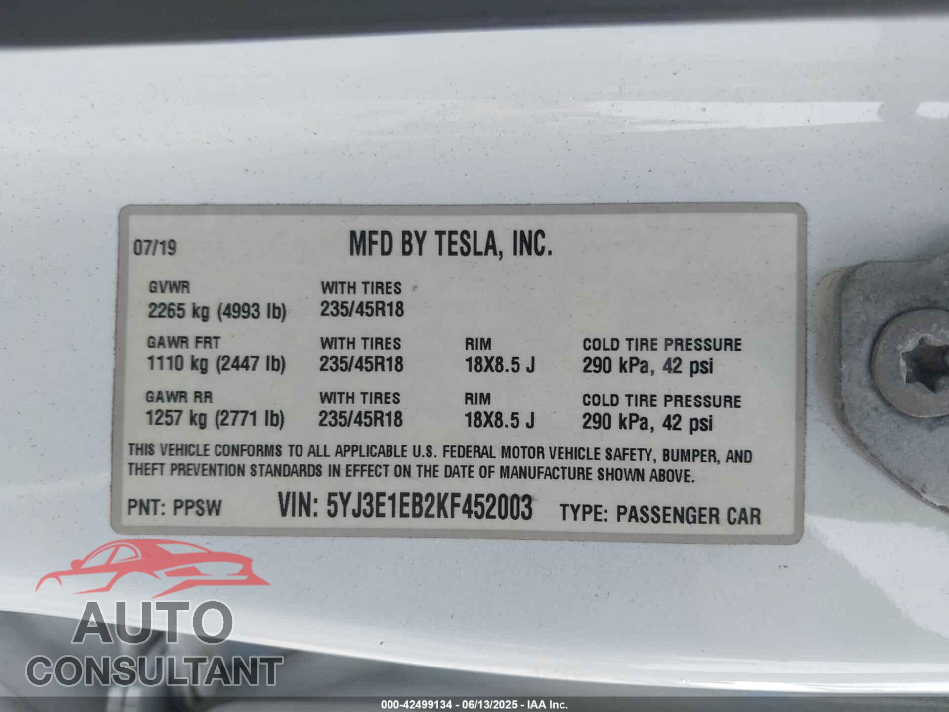 TESLA MODEL 3 2019 - 5YJ3E1EB2KF452003