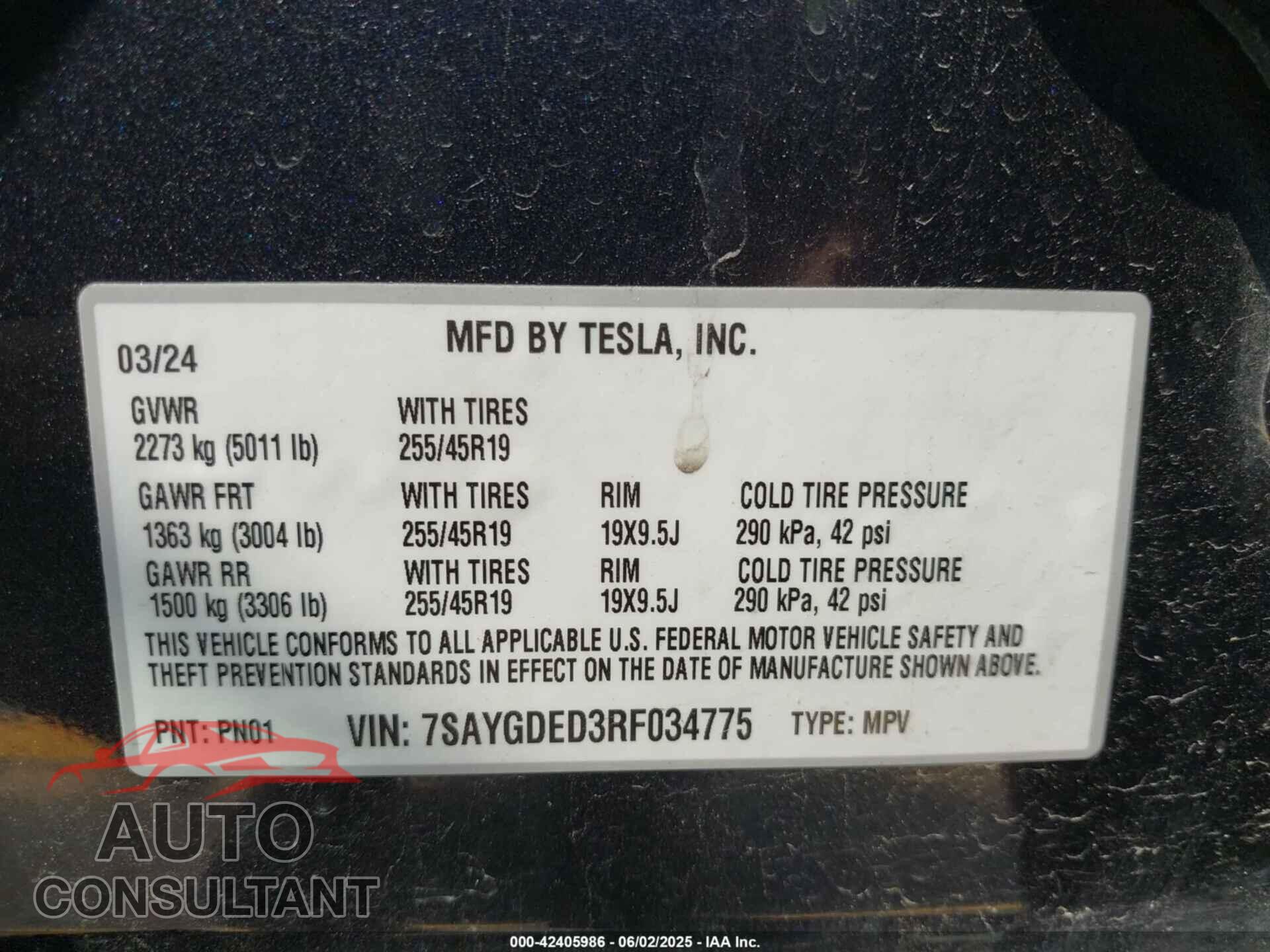 TESLA MODEL Y 2024 - 7SAYGDED3RF034775