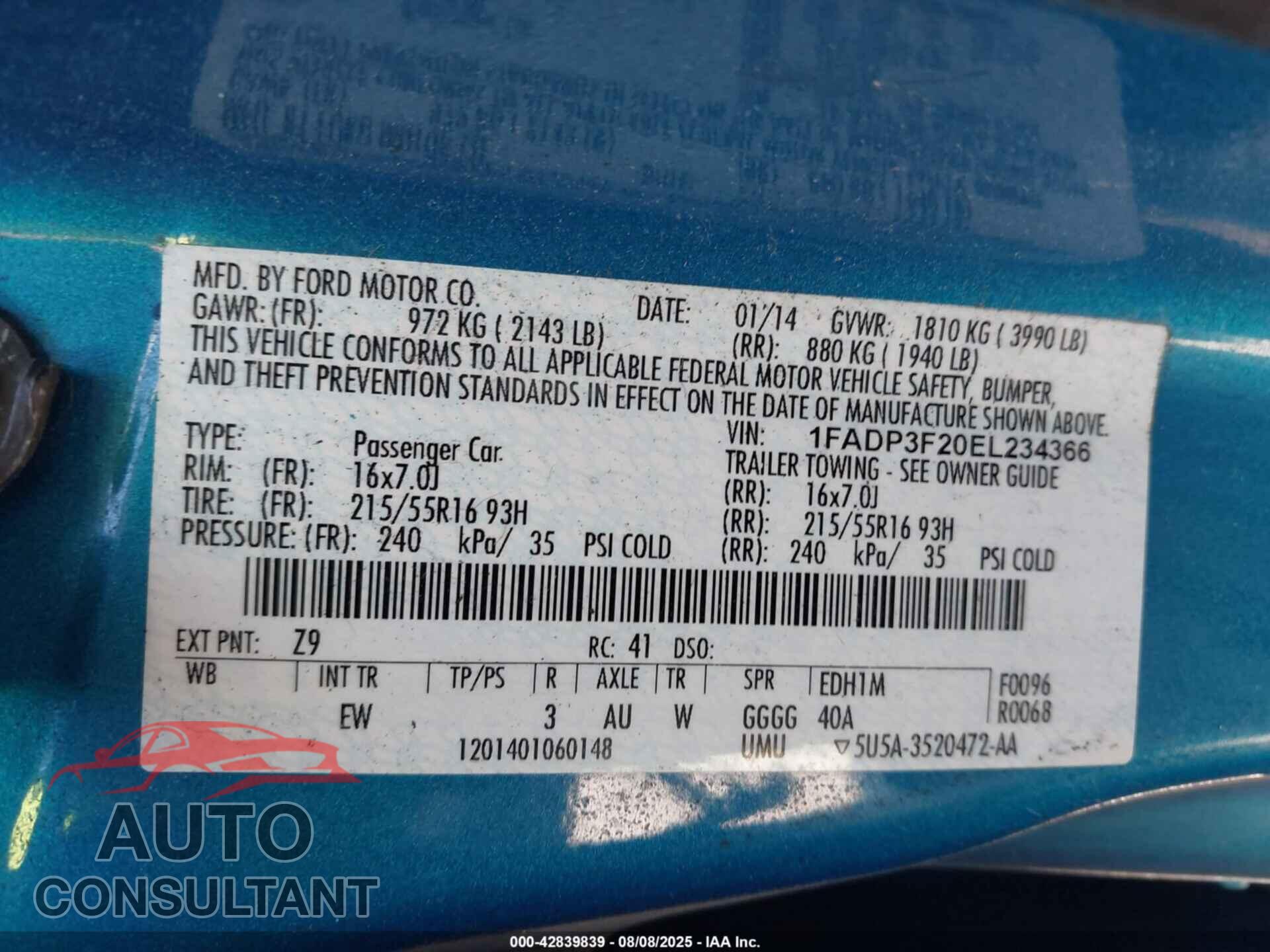 FORD FOCUS 2014 - 1FADP3F20EL234366