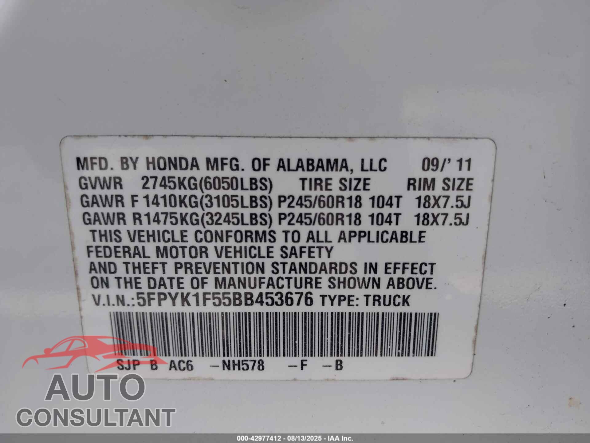 HONDA RIDGELINE 2011 - 5FPYK1F55BB453676