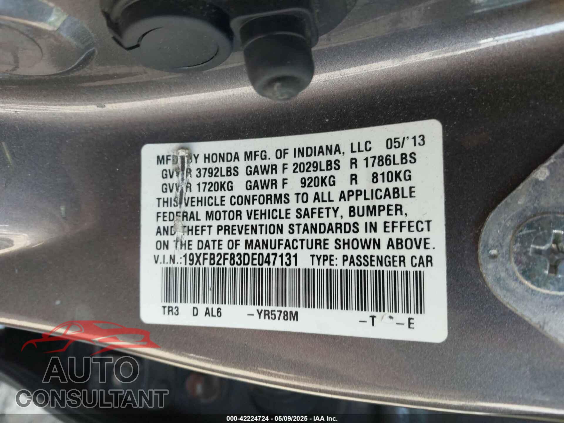 HONDA CIVIC 2013 - 19XFB2F83DE047131