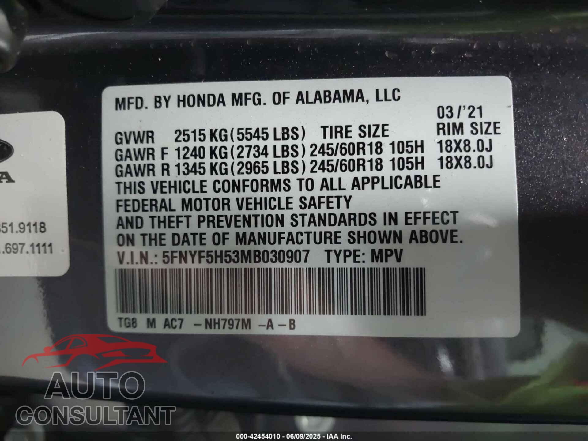 HONDA PILOT 2021 - 5FNYF5H53MB030907