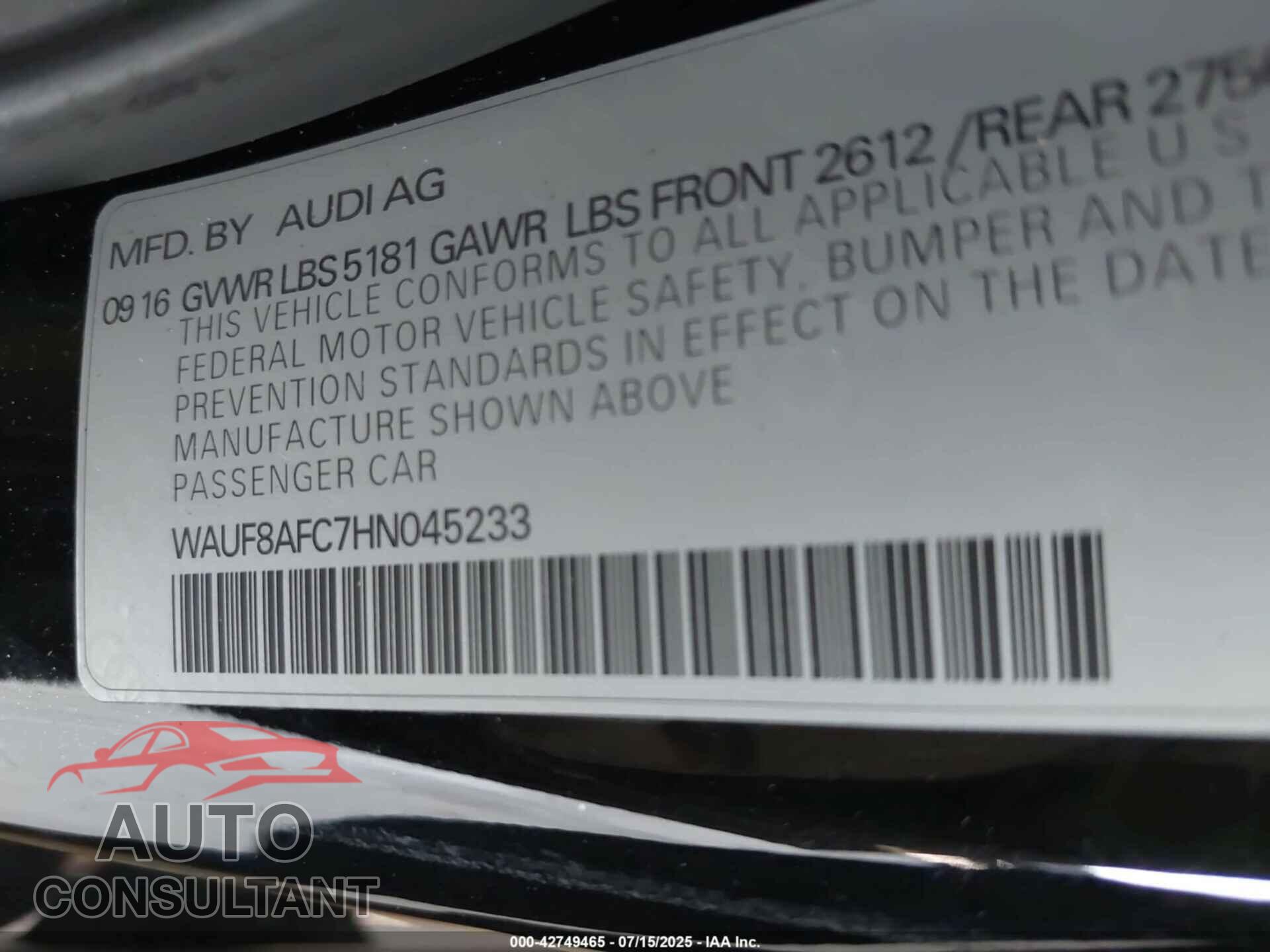 AUDI A6 2017 - WAUF8AFC7HN045233