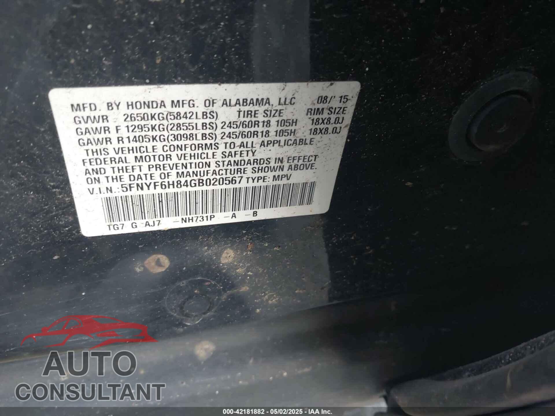 HONDA PILOT 2016 - 5FNYF6H84GB020567
