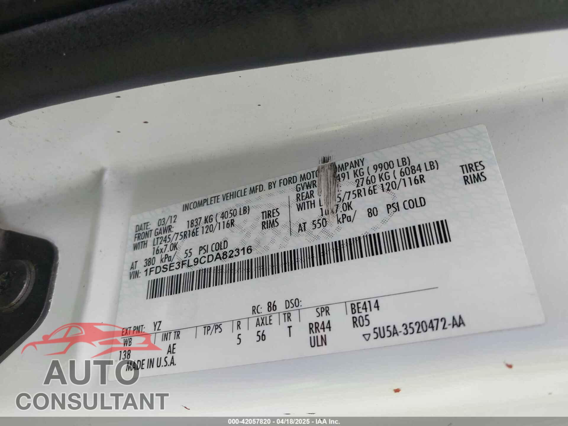 FORD E-350 CUTAWAY 2012 - 1FDSE3FL9CDA82316