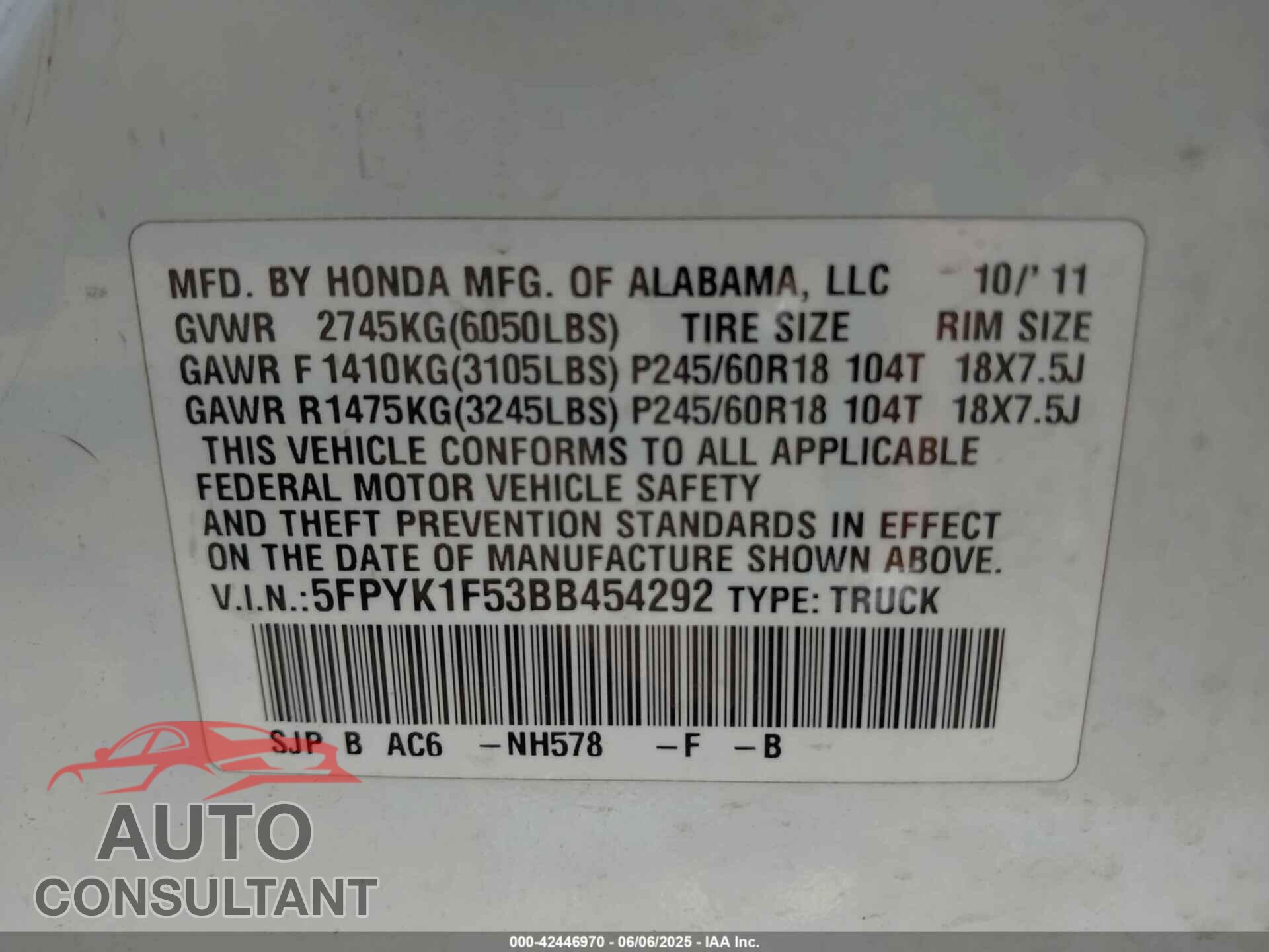 HONDA RIDGELINE 2011 - 5FPYK1F53BB454292